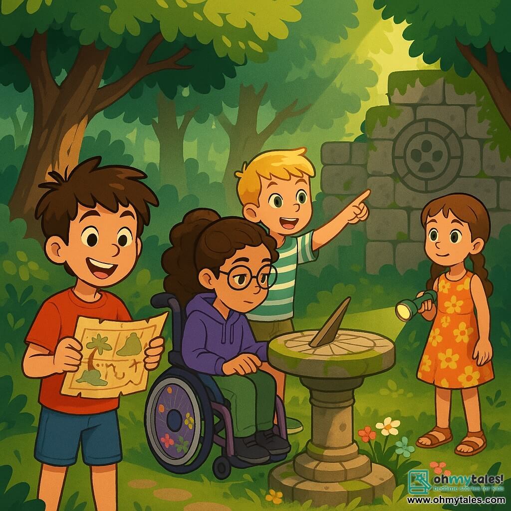 There are four children: **Alex**: an 11-year-old boy with messy brown hair and sparkling curious eyes. He wears a red t-shirt and blue shorts, holding a treasure map with a big smile on his face. **Mia**: an 11-year-old girl with long curly hair tied in a ponytail. She is in a wheelchair decorated with colorful stickers, wearing a purple hoodie and glasses. She is carefully examining the map with a focused expression. **Ethan**: a 10-year-old boy with blond hair and green eyes, dressed in a striped t-shirt and khaki shorts. He stands pointing at an ancient stone wall, looking excited and ready to solve the mystery. **Lily**: a 10-year-old girl with brown hair in braids, wearing a floral dress and sandals. She is slightly back, watching the group with a look of wonder, holding a small flashlight. The main setting is an ancient secret garden hidden atop a hill, surrounded by tall trees with lush green leaves. In the center, an old stone sundial covered in moss is surrounded by colorful wildflowers, while rays of sunlight filter through the branches, creating a magical and mysterious atmosphere. The main situation shows the children discovering the secret garden, amazed by its beauty, as Alex holds the treasure map, Mia examines the sundial, Ethan points at a mysterious symbol on the stone wall, and Lily lights up the scene with her flashlight, all united in their quest for adventure and discovery.