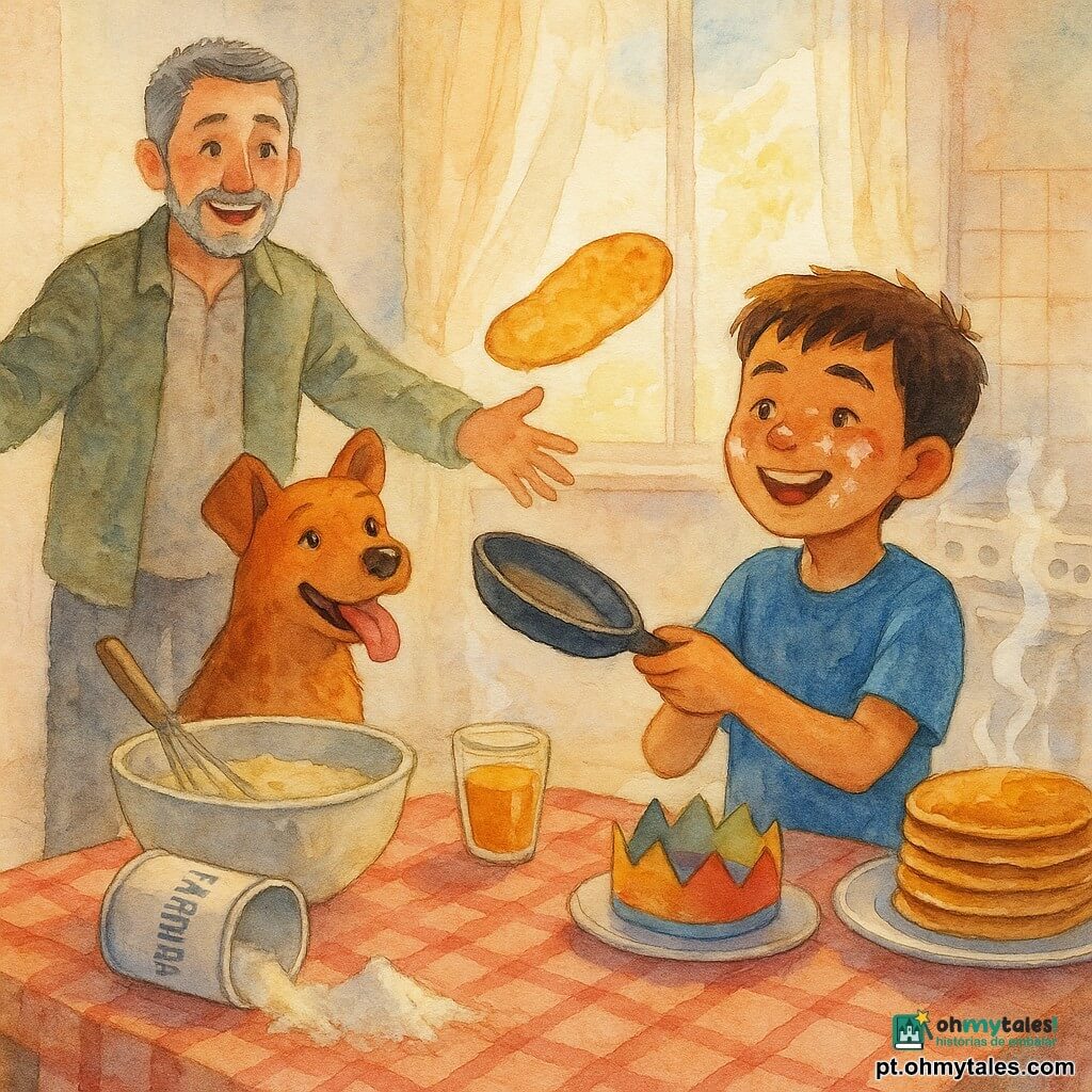 Um menino de 10 anos, cabelo castanho curto, manchas de farinha no rosto e na camisa azul, expressão radiante e orgulhosa, virando uma panqueca dourada numa pequena frigideira à altura da mesa; um homem adulto (pai, cerca de 40 anos), cabelo grisalho, barba curta, olhos marejados de alegria, de pé junto à mesa abrindo os braços para um abraço e olhando para o menino; um cão médio chamado Lulu, pelo ruivo, língua de fora, sentado ao lado do menino e olhando animado para a frigideira; cozinha pequena e iluminada, azulejos claros, mesa de madeira clara com toalha xadrez vermelha, tigela de massa com batedor, tigela de farinha caída, copo de suco de laranja, raios de sol matinais por uma janela com cortina leve; cena do café da manhã surpresa com pilha de panquecas douradas num prato, coroa de papel colorida ao lado, vapor leve, atmosfera calorosa e doméstica; estilo aquarela suave, cores pastéis, traços delicados e textura de papel visível.