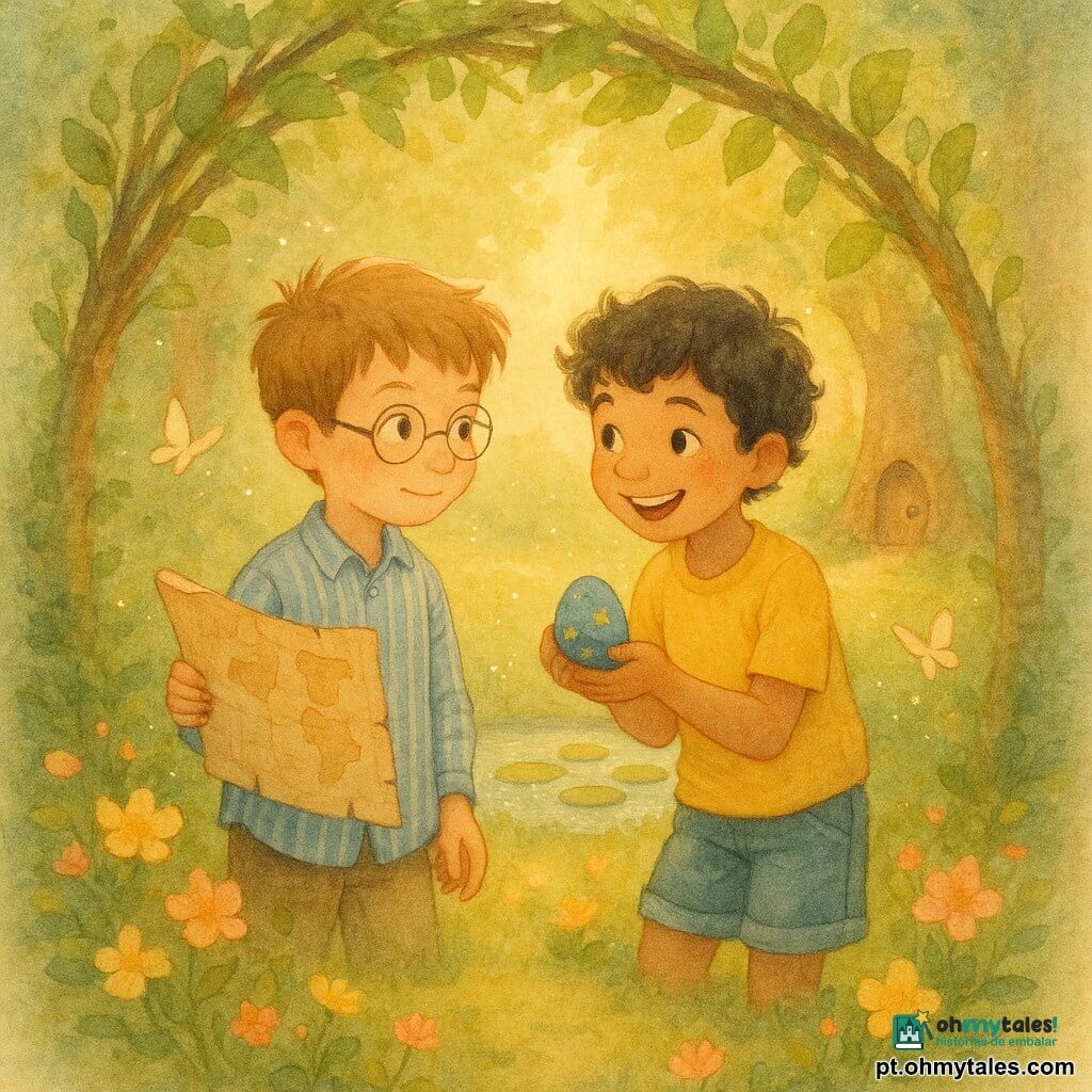 Dois personagens principais: Tomás, 9 anos — cabelos castanho-claro curtos e despenteados, óculos redondos finos, camisa listrada azul; segura um pequeno pergaminho-cartas desgastado na mão direita e olha para o outro garoto, à esquerda do quadro; Miguel, 9 anos — cabelos pretos encaracolados, sorriso amplo, camiseta amarela viva e shorts de jeans; segura um ovo pintado azul com estrelas nas palmas e está à direita de Tomás, inclinando a cabeça em direção ao pergaminho. Local: um canto escondido de um parque na primavera, sob um arco de ramos entrelaçados com folhas verdes tenras, chão coberto de musgo e flores de pétalas variando do amarelo ao pêssego e rosa, um pequeno lago circular com nenúfares no centro e, ao fundo, uma clareira banhada por luz dourada e uma grande raiz de árvore oca com uma porta de madeira. Situação: os dois garotos curvados um para o outro, fascinados — um mostra um mapa amassado, o outro segura um ovo que emite uma pequena faísca azul; o ar ao redor cheio de partículas brilhantes e borboletas de papel; atmosfera suave, aquarelada, texturas granuladas e luz quente de fim de tarde, sensação de surpresa e maravilha.