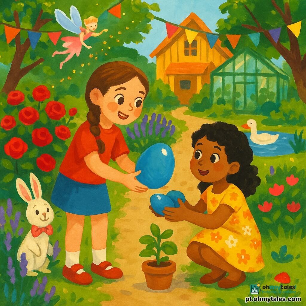 Menina de 10 anos, rosto redondo, cabelo castanho em trança, olhos grandes e sorriso caloroso, oferecendo suavemente um grande ovo azul brilhante a uma amiga; Rita, 7–8 anos, cabelos negros e encaracolados, vestido amarelo floral, olhos surpresos e encantados, recebe o ovo com as duas mãos agachada junto a um vaso de manjericão. Atrás delas, um pequeno coelho‑porco branco com gravata borboleta rosa de bolinhas, em pé sobre as patas traseiras junto a um canteiro de lavanda. Acima, uma fada minúscula, feminina, asas translúcidas azul‑claro e vestido de pétalas rosas espalha glitter dourado. Jardim luminoso com caminho de terra, canteiros de rosas vermelhas e lavanda, estufa de vidro esverdeada, casa de madeira, guirlandas nas árvores e uma pequena lagoa com pato ao fundo; cena principal foca no gesto de partilha ao amanhecer, atmosfera ternamente alegre, texturas de guache, cores saturadas e toques de branco para reflexos.