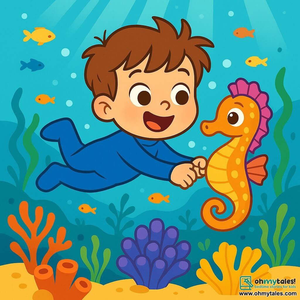 A 4-year-old boy named Oliver, with messy brown hair and sparkling curious eyes, joyfully swims underwater while holding the tail of a small seahorse. He wears a blue wetsuit that shines under the sunlight filtering through the water. His face expresses wonder and joy, with a big smile. Next to him is a seahorse named Sparkle, with shimmering scales and bright colors, swimming gracefully and showing friendship. She is small, with round friendly eyes, guiding Oliver in his underwater adventure. The setting is a magical underwater world filled with colorful corals, multicolored fish, and rays of light dancing through the clear water. Seaweed gently sways, creating a peaceful and enchanted atmosphere. The main scene shows Oliver and Sparkle exploring a beautiful coral garden, where Oliver discovers the beauty of the ocean and makes a wish to protect this wonderful place.