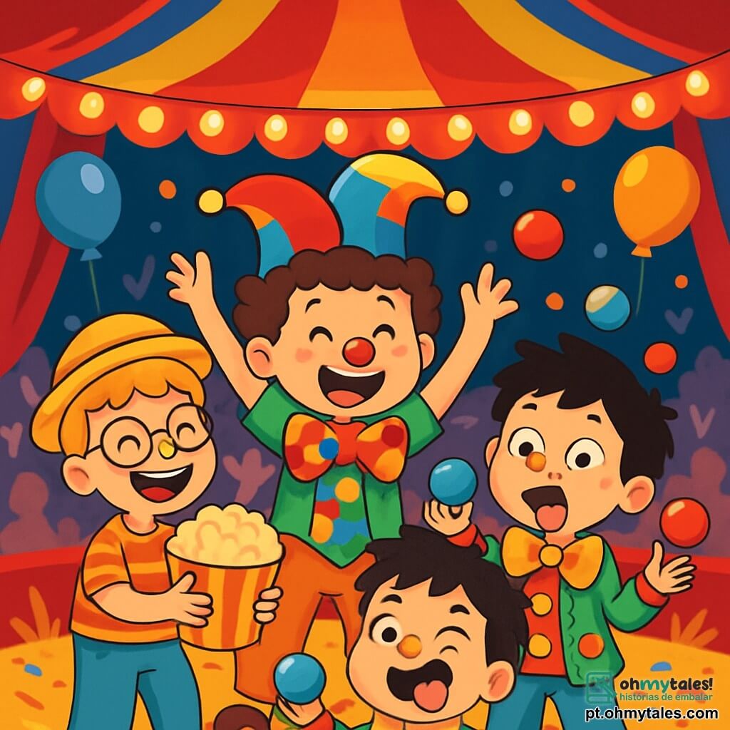 Há 4 crianças: - Pipoca: um menino de 5 anos com cabelo cacheado e castanho, usando um chapéu de palhaço colorido e uma grande gravata de bolinhas. Ele está no centro, sorrindo e levantando os braços. - Bolinha: um menino de 5 anos com cabelo loiro e óculos redondos, vestido com uma camisa listrada e uma calça muito grande. Ele está à esquerda, rindo e segurando uma grande bola de pipoca. - Tico: um menino de 5 anos com cabelo preto bagunçado, vestindo um traje de palhaço com cores vibrantes. Ele está à direita, fazendo uma careta engraçada e segurando uma bola de malabarismo. - Zazu: uma menina de 5 anos com cabelo longo e liso, usando um vestido florido e um chapéu de palha. Ela está atrás dos meninos, rindo e levantando uma mão em sinal de paz. O cenário é sob um grande picadeiro de circo, com cores vibrantes: vermelho, amarelo e azul. Luzes brilhantes iluminam a cena, e balões flutuam no ar. O chão está coberto de palha e confetes coloridos, enquanto um público entusiasmado aplaude ao redor. A situação principal mostra as crianças realizando um número cômico de circo, tentando fazer malabarismos com bolas coloridas enquanto fazem caretas engraçadas. Seus rostos estão cheios de alegria e empolgação, e a atmosfera é festiva e cheia de risadas.