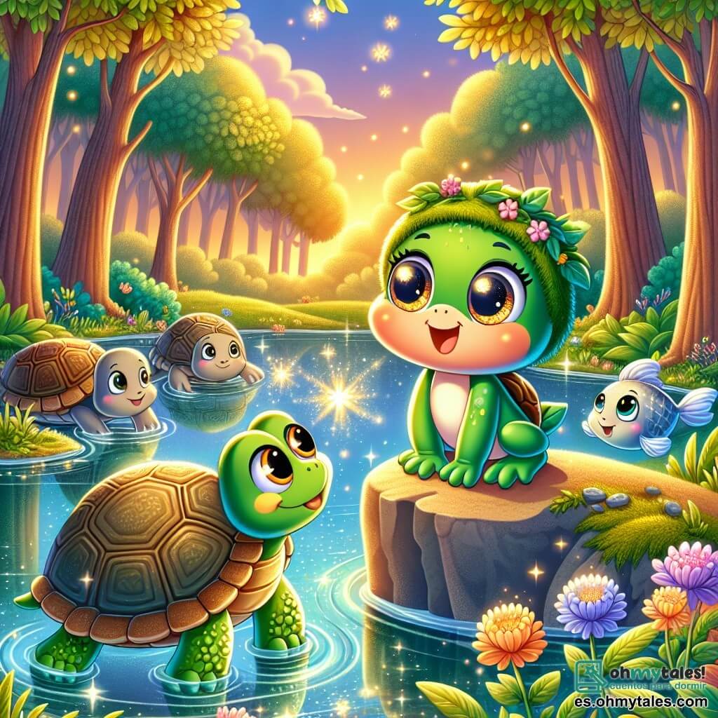 Una pequeña rana verde, llamada Pepita, con ojos brillantes y una sonrisa alegre, está al borde de un estanque reluciente, lista para saltar. Lleva una pequeña gorra de musgo y parece llena de energía y determinación. A su lado, una tortuga llamada Clara, con un caparazón marrón y ojos dulces, la mira con admiración, sentada sobre una gran roca. Un pez llamado Tobías, con escamas plateadas, nada alegremente en el agua clara, acercándose a Pepita con curiosidad. El lugar es un estanque mágico rodeado de grandes árboles con hojas doradas, donde flores coloridas flotan en el agua y luciérnagas bailan en el aire crepuscular. La situación principal muestra a Pepita, lista para partir en una aventura para recuperar la alegre luz perdida, con una expresión de valentía y emoción en su rostro.
