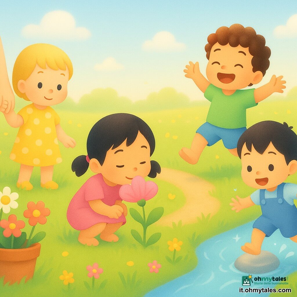 Ci sono quattro bambini di 2 anni: Anna, bionda con vestito giallo a pois, tiene la mano della mamma e guarda un vaso di fiori a sinistra; Luca, moro e ricci, con maglietta verde, ride e salta vicino a un ruscello a destra; Mei, con capelli neri a codini e vestito rosa, è accovacciata al centro a sentire un grande petalo; Tomo, capelli neri lisci e salopette blu, salta su una pietra nel ruscello a destra spruzzando gocce. Ambientazione: un prato primaverile soleggiato con erba verde, fiorellini gialli e rosa, sentiero di terra chiara, ruscello poco profondo e un vaso di terracotta a sinistra; cielo azzurro chiaro con qualche nuvola e luce dorata. Scena: i bambini esplorano la primavera tra risate, schizzi d'acqua, petali che sfiorano le dita e un'ape che sorvola, colori pastello e forme morbide adatte ai piccoli.