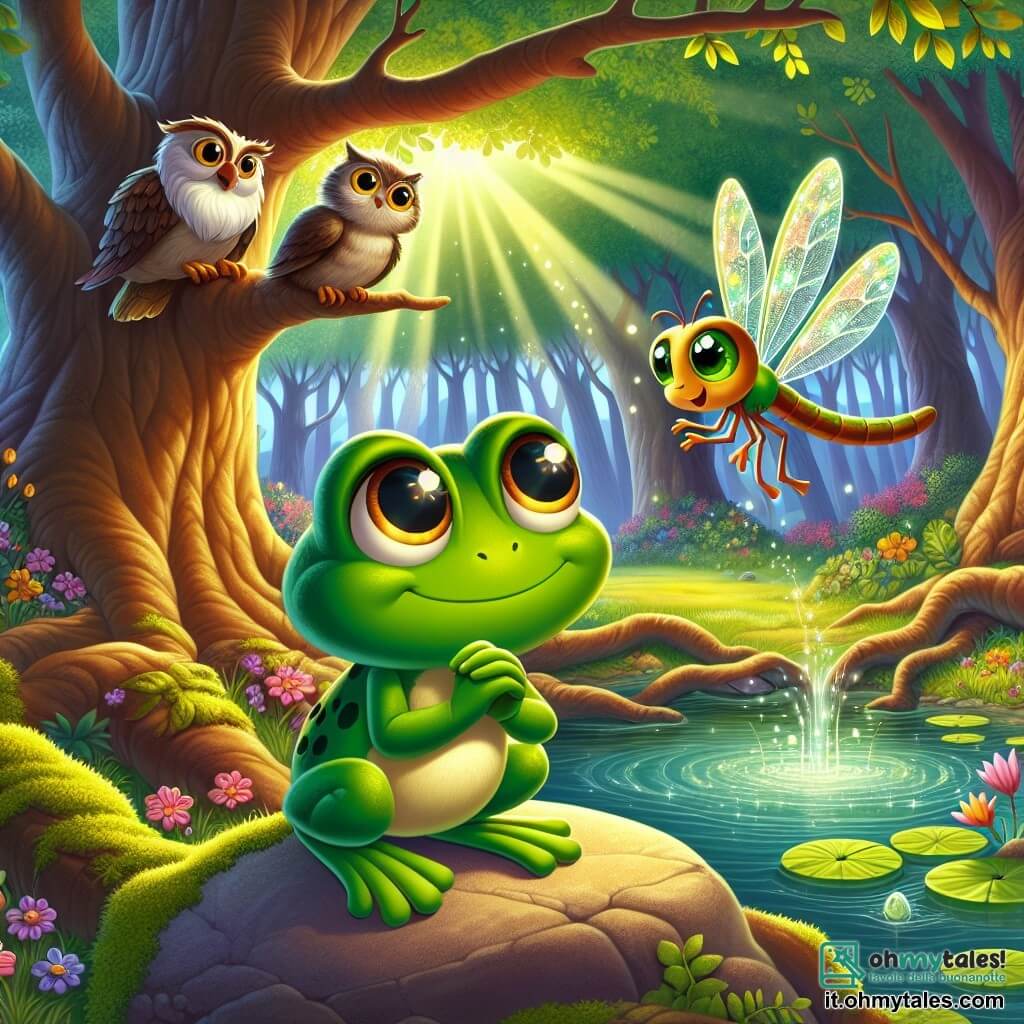 Una piccola rana di nome Raffaella, con una pelle verde brillante e occhi rotondi e lucenti, esprime grande determinazione. Si trova su una pietra al bordo di uno stagno, pronta a versare acqua magica sulle radici di un immenso albero maestoso, le cui foglie ingiallite cominciano a rinverdire. Accanto a lei, una libellula di nome Lilli, con ali scintillanti come diamanti, vola in cerchi, mostrando un'espressione di speranza ed eccitazione. Un vecchio gufo saggio, Aldo, con piume brune e occhi penetranti, è appollaiato su un ramo, osservando la scena con aria di saggezza, pronto a dare consigli. Sullo sfondo, la foresta incantata è piena di alberi dai tronchi spessi, fiori colorati e raggi di sole che filtrano attraverso il fogliame, creando un'atmosfera magica e luminosa. La scena cattura il momento cruciale in cui Raffaella e i suoi amici uniscono le forze per salvare il Grande Albero della foresta.