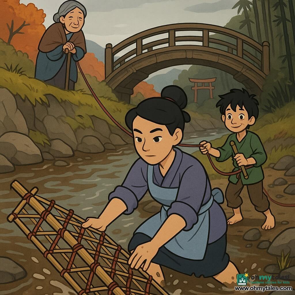 Adult woman (Aiko), determined calm face, soft features, fair skin, black hair in a practical bun, rolled sleeves and simple work clothes (shortened kimono and apron), gently placing a woven bamboo lattice into shallow water with muddy hands, focused and kind expression; boy (Haru, ~10), slim, messy black hair, shy but brave smile, holding a small bamboo flute in one hand and helping stretch a cord with the other, standing just behind Aiko on the bank; elderly woman (grandmother, ~75), small, stooped, wooden cane, wrinkled gentle face, standing slightly back on the higher bank watching with gratitude and relief; setting: bank of a Japanese mountain river with brown flowing water, wet smooth stones, soaked grasses and reeds, an old arched cedar bridge with worn planks and carved railings in the background, dark bamboo and a distant shrine torii under a late-autumn gray sky; main action: installing a "flood-listening lattice"—a diagonal woven bamboo lattice with red cords in the current, splashes around their feet, wet wood textures, water flowing around the lattice, mood of collective effort and quiet hope.