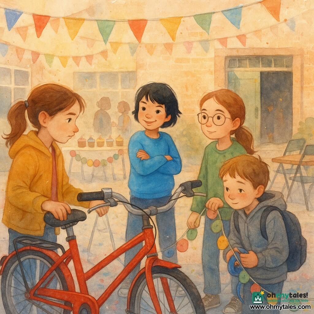 Four children: Mia, ~11, brown ponytail, mustard jacket, focused, left with her hand on a red bicycle; Zoe, ~11, short black hair, bright blue sweater, lively mischievous expression, center-right with arms crossed looking at the boy; Lina, ~10, tied light-brown hair, round glasses, green patterned shirt, calm and attentive, right slightly leaning toward the bike holding a garland; Jay, ~11, gray hood, backpack, shy flushed face, half-hidden behind folding chairs holding a roll of blue ribbon. Setting: a lively schoolyard fair with gray tiled ground, decorated tables, paper garlands and banners, open gym door and soft late-afternoon light. Main situation: a warm, reconciliatory moment around a shiny red bike with a silver bell, a half-hung decorative garland, paint splatters and glitter nearby, expressions moving from tension toward forgiveness and repair.