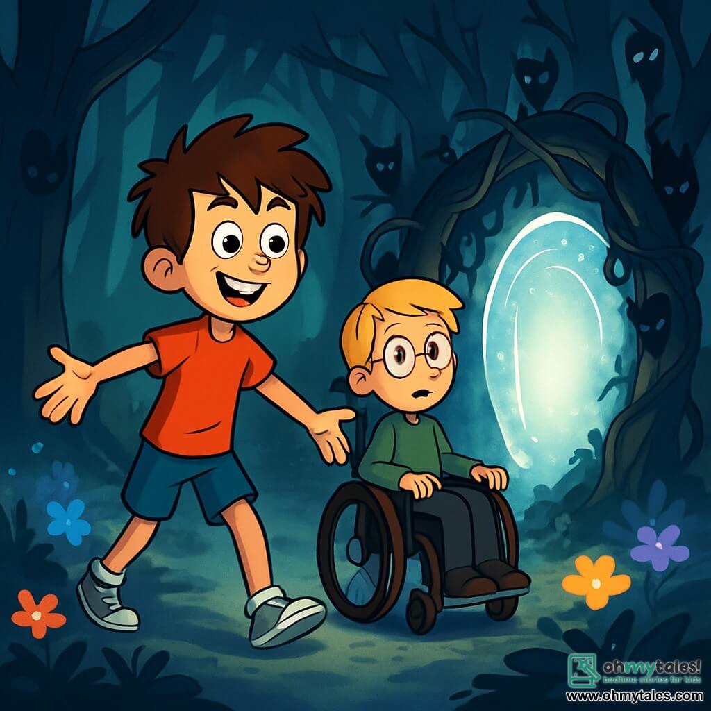 There are two main characters: Max, a 10-year-old boy with messy brown hair and sparkling curious eyes. He wears a red t-shirt and blue shorts, standing in front with arms spread wide and a big smile, ready to explore. Oliver, also 10, has blonde hair and round glasses. He sits in a wheelchair, dressed in a green sweatshirt and black pants, looking at Max with a mix of excitement and concern, hands resting on the armrests. The main setting is a mysterious clearing in the Whispering Forest, with tall dark trees and twisted branches forming a leafy canopy that lets silver rays of light through. Brightly colored luminescent flowers illuminate the ground, while a light mist floats around them, creating a magical yet slightly eerie atmosphere. The main situation shows Max and Oliver discovering a shimmering portal that suddenly appears before them, surrounded by dark vines and shadowy creatures watching them. Max, with a determined look, steps toward the portal, while Oliver, slightly behind, shows hesitation but also a glimmer of adventure on his face.