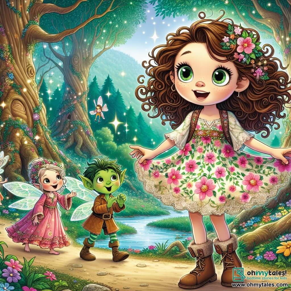 A 9-year-old girl named Elara, with big brown curls and sparkling green eyes, stands at the center of the scene, displaying an expression of determination and wonder. She wears a colorful flower-adorned dress and holds a small backpack filled with treasures. Beside her is a little fairy named Lila, with shimmering wings and a dress made of flower petals, joyfully flying around her, smiling and encouraging. A goblin named Grizzle, about 10 years old, with green skin and pointy ears, stands slightly back with crossed arms but has a shy smile on his face, ready to help. 

The setting is a magical clearing in the heart of the Whispering Woods, where gigantic, gnarled trees rise towards the sky, their shiny leaves sparkling in the sunlight. Colorful flowers dance in the breeze, and a crystal-clear stream winds through the scene, adding a touch of freshness to the enchanted atmosphere.

The main situation shows Elara, Lila, and Grizzle preparing to retrieve the stolen Emerald Crystal, with an ambiance of adventure and camaraderie as they stand together, ready to face the challenge ahead.