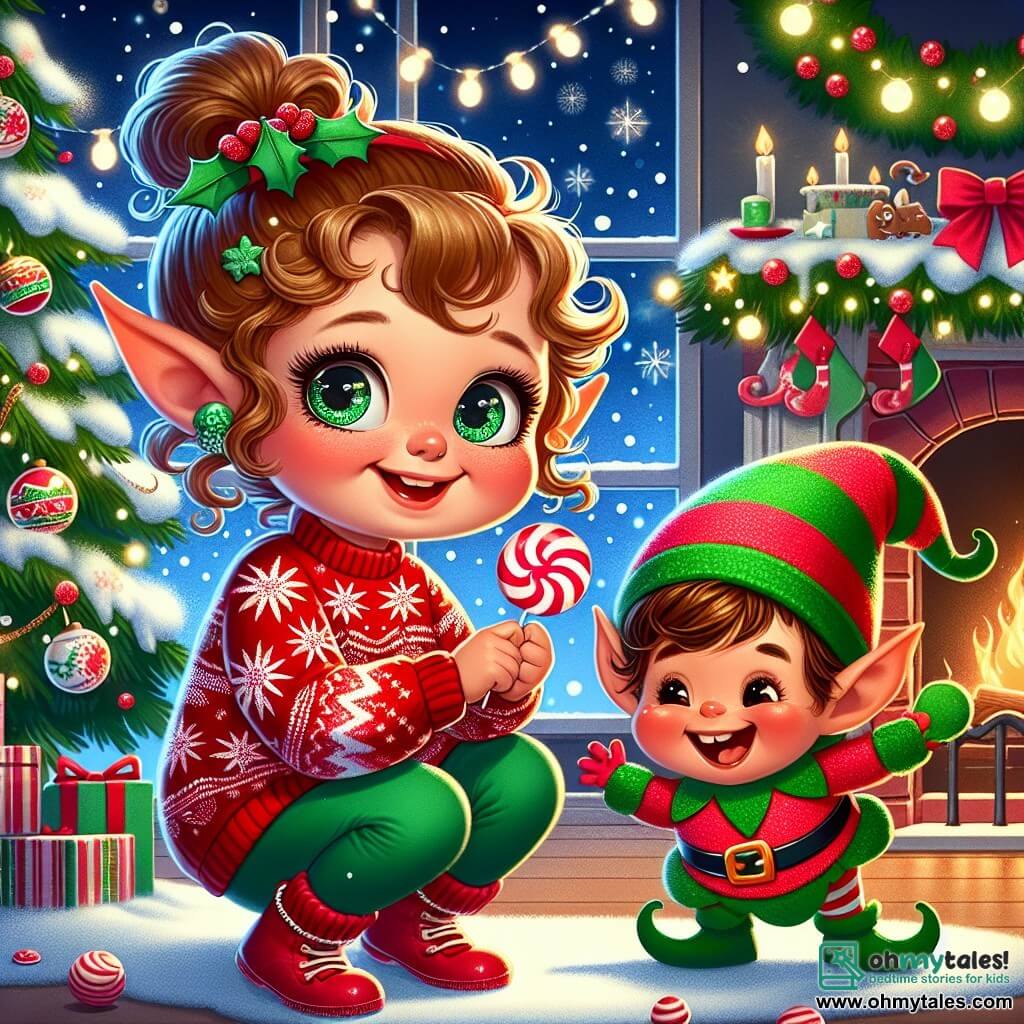 A 4-year-old girl with big bright eyes and curly hair smiles in wonder. She is wearing a red sweater with snowflakes and green leggings. She is crouched next to a sparkling Christmas tree, holding a candy cane in her small hands. Next to her, a mischievous elf with green skin, a red pointed hat, and pointy ears laughs joyfully. He is dressed in a colorful costume with jingling bells. Their surroundings are a cozy living room decorated for Christmas, with a large illuminated tree, twinkling garlands, and stockings hung by the fireplace. Snowflakes gently fall outside through a window. The girl and the elf are having fun hiding candies and decorating the room with festive accessories, creating a joyful and playful atmosphere.