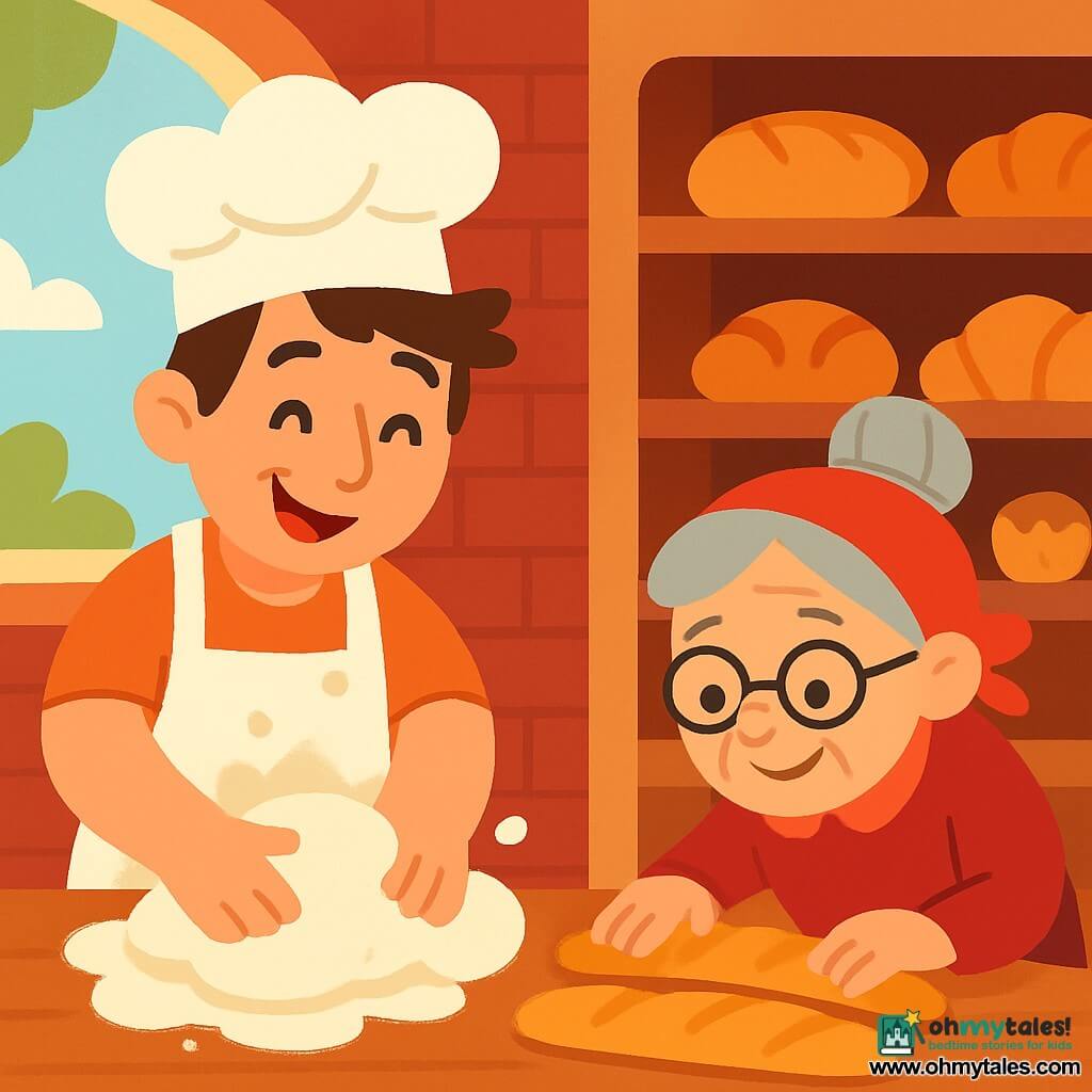 A cheerful man, Mr. Paul, wearing a large white hat and a warm smile, is kneading bread dough in his bakery. He has slightly tousled brown hair and wears a white apron dusted with flour, his hands covered in dough. Next to him, a small girl, Grandma Rose, around 70 years old, with gray hair in a bun and a red scarf, helps him shape golden baguettes. She is leaning over a wooden table, smiling and focused. The bakery is charming, with red brick walls, wooden shelves filled with bread and pastries, and a large window letting in morning light, illuminating the scene. In this illustration, Mr. Paul and Grandma Rose are working together to create delicious baguettes, surrounded by a cloud of flour and a warm, welcoming atmosphere.