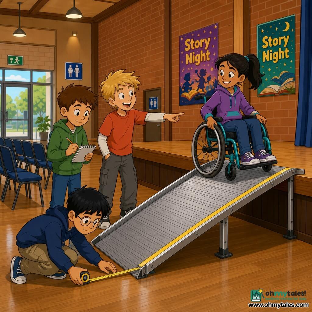 There are four children: Milo, an ~11-year-old boy with short brown hair and a shy but attentive face, standing slightly left of center with a notebook and pencil, watching the ramp and taking notes; Jay, an ~11-year-old blond boy with messy hair, energetic, to Milo’s right, smiling and pointing at the ramp as if joking; Theo, an ~11-year-old boy with black hair and round glasses, focused and crouched beside Milo measuring the ramp angle with a tape measure; Alina, an ~11-year-old girl with a ponytail in a turquoise wheelchair, positioned on the ramp leading to the stage, hands on the wheels and smiling confidently. The setting is a large indoor community hall with high ceiling, warm lighting, shiny wooden floor, raised wooden stage at the back, exposed brick walls, colorful “Story Night” posters, and a glass entry door visible; a portable metal ramp with a yellow safety strip is installed against the stage, chairs are lined up with clear aisles, signs mark the door and restrooms, and the mood is collaborative and supportive.