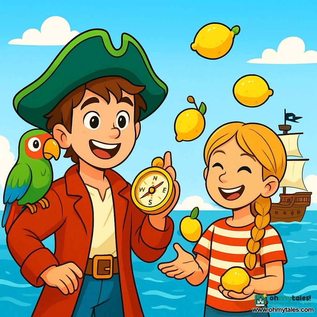 A young man, Captain Finn, with messy brown hair and a large green hat, smiles enthusiastically while holding a golden compass. His eyes sparkle with excitement and determination. Next to him, a girl named Molly, about 10 years old, with braided blonde hair and a mischievous smile, juggles lemons, her eyes shining with joy. A colorful parrot, Patch, perches on Finn's shoulder, looking at the scene with curiosity. The setting is a calm sea under a bright blue sky, with the pirate ship, the Merry Gull, gently floating on the sparkling waves. In the background, a lush island with palm trees and rocks can be seen. The main scene shows Finn and Molly, surrounded by their crew, celebrating their victory after crossing the Singing Reef, laughing and sharing sea biscuits while admiring the landscape.