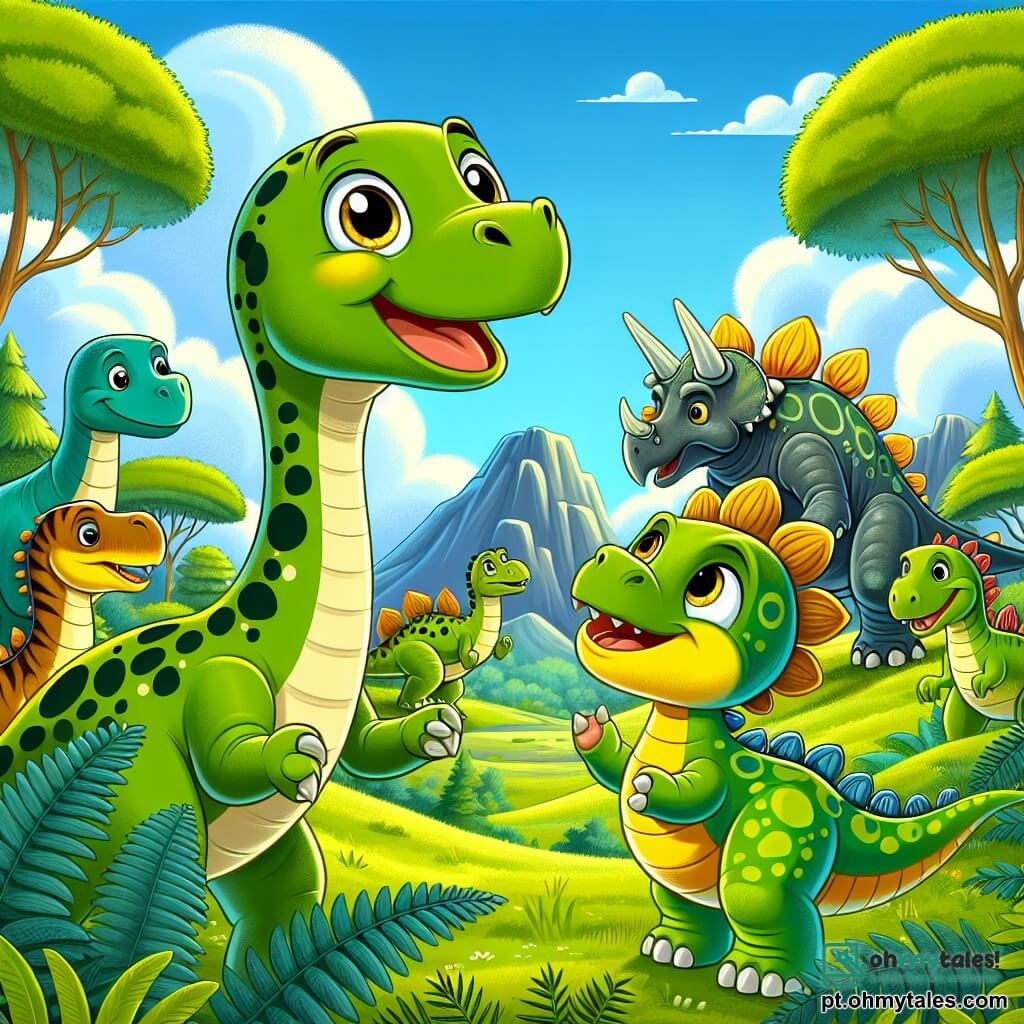 Um jovem diplodoco chamado Dino, com um longo pescoço verde e manchas amarelas, está alegremente no centro da imagem, com os olhos brilhando de excitação, olhando para o horizonte. Ao seu lado, uma estegossauriana chamada Estela, com placas coloridas nas costas e um sorriso amigável, o incentiva levantando uma pata. Ao fundo, um grande tricerátopo chamado Titan, com três majestosas hornas e uma expressão benevolente, está perto de um grupo de dinossauros que os cercam, todos prontos para ouvir seu plano. O cenário é um vale verdejante, pontilhado de grandes samambaias e árvores com folhas brilhantes, sob um céu azul com nuvens brancas. A cena mostra Dino e Estela discutindo entusiasticamente sua missão de proteger o vale, cercados por seus amigos dinossauros, criando uma atmosfera de aventura e amizade.