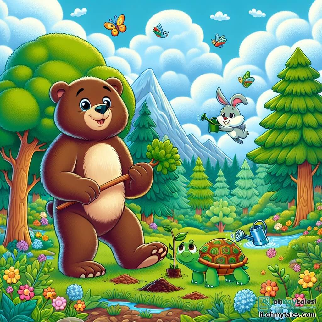 Un grande orso bruno, con un pelo morbido e lucente, sta in piedi sulle zampe posteriori, con uno sguardo determinato e gioioso sul viso, mentre tiene una piccola pala di legno, pronto a piantare un albero. Accanto a lui, una piccola tartaruga verde con un guscio colorato, sorridente e piena di energia, osserva con ammirazione, tenendo un piccolo annaffiatoio. Un adorabile coniglio bianco, con grandi orecchie e occhi scintillanti, salta gioiosamente intorno a loro, tenendo un cartello colorato che dice "Proteggiamo la nostra foresta!". La scena si svolge nel cuore di una foresta verdeggiante, circondata da alti alberi maestosi e un cielo blu punteggiato di nuvole bianche. I personaggi stanno piantando giovani alberi, simboleggiando il loro impegno a proteggere l'ambiente e combattere il cambiamento climatico, celebrando al contempo la loro amicizia e determinazione.