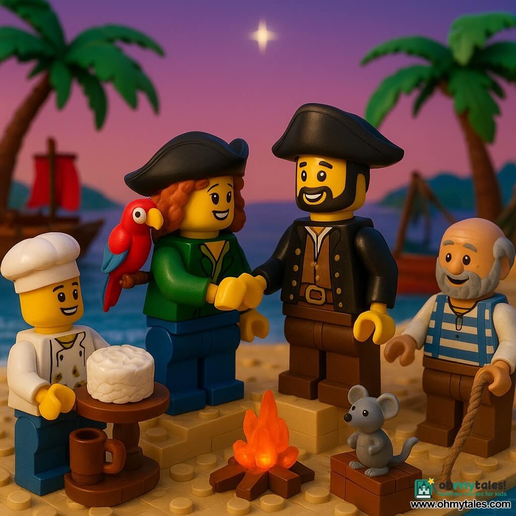 A young pirate woman, Captain Molly, smiling and determined with curly red hair, green jacket and blue pants, shakes hands on a golden-sand beach with Captain Black Patch, a tall man in a wide black hat with a short beard and a gold tooth, both friendly and surprised; left of Molly the plump cook Benny in a stained white apron places a coconut cake on a low wooden table; nearby Old Peg, an older man with a wooden leg and striped jacket, stands by the bow of a beached small boat holding a rope and watching contentedly; Felix the colorful parrot (red, blue, yellow) perches on Molly’s shoulder with wings half-spread and a mischievous look; Seamus the small grey mouse stands on a wooden crate holding a tiny white flag at Molly’s feet; setting at dusk with leaning palm trees, two colorful wooden boats side by side, a small campfire and a wooden table with cups and tropical fruit under a purple-pink sky with a bright North Star; scene: two pirate crews united, warm peaceful atmosphere, smiles and laughter, the handshake symbolizing a pact of friendship, soft firelight and silvery starlight, LEGO diorama style with vivid colors, clean shapes and visible brick details.