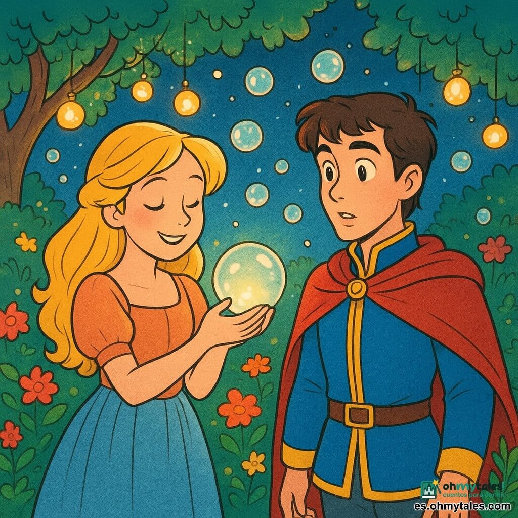 Cenicienta, una joven con cabello dorado y ojos brillantes, sonríe dulcemente mientras sostiene una burbuja luminosa en sus manos. Lleva un vestido simple pero elegante, hecho de telas ligeras y coloridas. A su lado, el príncipe, un joven de unos 20 años con cabello castaño y mirada curiosa, observa la burbuja con asombro. Está vestido con un traje real de colores vivos. Se encuentran en un jardín encantador, lleno de flores resplandecientes y luces centelleantes suspendidas en los árboles. La escena principal muestra a Cenicienta y el príncipe compartiendo un momento mágico, rodeados de burbujas flotantes que iluminan el jardín con un resplandor suave y mágico.