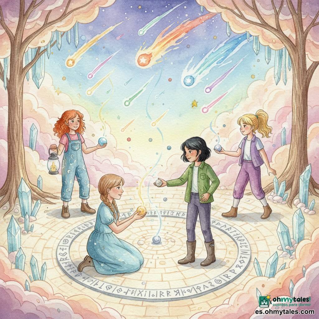Hay 4 niñas: Celia, 10 años, trenzas castañas claras, vestido azul celeste manchado de polvo de estrellas, arrodillada a la izquierda sosteniendo una baya dorada que emite leve resplandor; Lucía, 10 años, pelo negro corto, chaqueta verde y botas embarradas, a la derecha tendiendo la mano para poner una baya plateada en el círculo; Marta, 9 años, pelo rizado rojo, peto con lunas, con linterna de vidrio atrás a la izquierda, sosteniendo una baya azul como una pequeña luna; Carla, 10 años, coleta rubia y pantalones violeta, atrás a la derecha colocando la última baya estrellada en el centro del círculo. Lugar: un refugio flotante de cometas sobre un cielo irisado, islas de nubes rosas y doradas, árboles cristalinos de troncos translúcidos y raíces flotantes; en el suelo, un claro circular pavimentado con piedras luminosas alrededor de un anillo grabado con runas, y arriba cientos de cometas multicolores con largas colas fosforescentes. Situación: las cuatro niñas, reunidas en el círculo de piedras, depositan bayas luminosas (oro, plata, azul, estrellada); filamentos de luz ascienden, despertando cometas que recobran color y movimiento, con polvo de estrellas y reflejos acuarelados por doquier.
