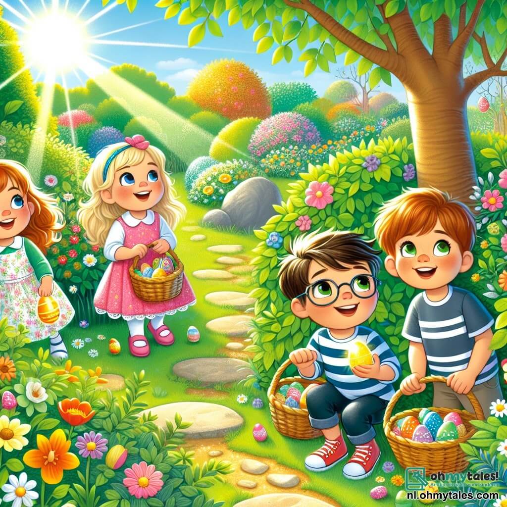 In een mooie zonnige tuin zijn vier kinderen bezig met het zoeken naar paaseieren. Lucas, een jongen van 8 jaar met bruin haar en een bril, zit geknield bij een struik met een kleurrijke mand. Rechts van hem staat Emma, een meisje van 7 jaar met blond haar en een roze jurk, die glimlacht terwijl ze een glanzend geel ei vasthoudt. Tom, een jongen van 9 jaar met kastanjebruin haar en een blauwe t-shirt, staat op een klein steentje en kijkt naar de top van een grote boom. Tot slot zit Sophie, een meisje van 6 jaar met rood haar en een strooien hoed, op het gras en doorzoekt haar mand. De tuin is vol kleurige bloemen, grote groene bomen en zonnestralen die door de bladeren filteren. In de verte is er een klein grindpad dat door de tuin kronkelt. De kinderen zijn druk bezig met het vinden van een speciaal paasei, dat met goud is versierd, en hun enthousiasme is voelbaar terwijl ze elke hoek van de tuin verkennen, lachend en elkaar aanmoedigend.