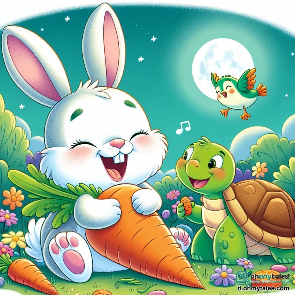 Un adorabile coniglio di nome Bobo, con pelo bianco e grandi orecchie rosa, sorride mentre tiene una carota gigante tra le zampe. Accanto a lui, una tartaruga verde e marrone di nome Tina, con un'espressione felice, mangia una carota seduta sull'erba. Un uccellino colorato di nome Pino, con piume blu e gialle, vola sopra di loro, cantando allegramente. La scena si svolge in un giardino incantevole, pieno di fiori colorati e alberi verdi, con la luna che brilla nel cielo notturno. Bobo e i suoi amici si divertono mentre cercano carote giganti e ridono insieme sotto la luce della luna.