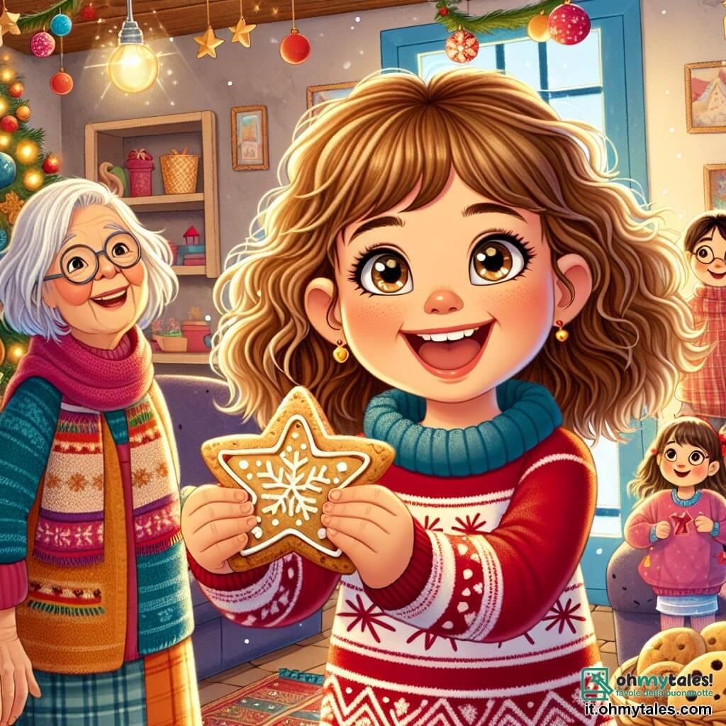 Una ragazza di 9 anni, Chiara, con capelli ricci castani e occhi scintillanti di gioia, si trova al centro della scena, con un grande sorriso che illumina il suo viso. Indossa un maglione rosso con motivi di fiocchi di neve e tiene un biscotto a forma di stella nella mano, pronta a regalarlo a sua nonna. Accanto a lei, sua nonna Rosa, una donna di circa 70 anni con capelli argentati e occhiali rotondi, è meravigliata dalla sorpresa. Indossa un scialle colorato e ha gli occhi brillanti di felicità, guardando le decorazioni natalizie intorno a lei. Sullo sfondo, tre amici di Chiara – Marco, un ragazzo di 10 anni con capelli biondi arruffati, Sofia, una ragazza di 9 anni con capelli lunghi e lisci, e Luca, un ragazzo di 9 anni con occhiali e un sorriso malizioso – ridono e preparano decorazioni di carta. La scena si svolge in un salotto accogliente, decorato con un grande albero di Natale scintillante, pieno di luci e palline colorate. Fiocchi di neve cadono dolcemente fuori dalle finestre, creando un'atmosfera magica e festosa. Chiara e i suoi amici hanno organizzato una festa a sorpresa per la nonna Rosa, e l'espressione di gioia sul suo viso mostra quanto questo momento sia speciale e pieno d'amore.