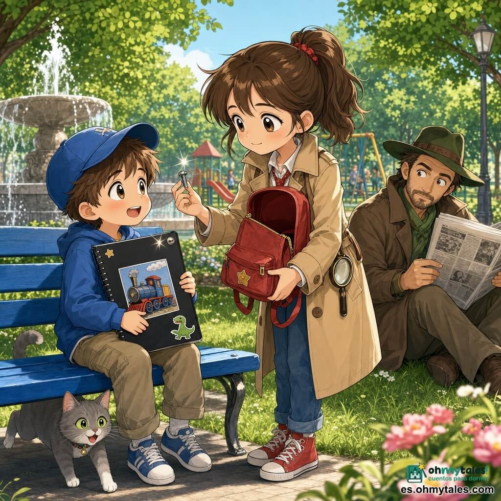 La protagonista es una niña detective de unos 10 años, rostro redondo, coleta castaña, mirada curiosa y expresión dulce; sonríe ligeramente y entrega una pequeña mochila roja abierta mientras sostiene un tornillo brillante que encaja en la cubierta de una carpeta. A la izquierda, Leo, un niño de unos 7 años con gorra azul y mejillas sonrosadas, está sentado en un banco azul sosteniendo una carpeta negra con un dibujo de tren, un adhesivo de dinosaurio y el nombre "Leo", mirándola con gratitud. Más atrás, un hombre de unos 40 años con sombrero verde y abrigo marrón está sentado en la hierba leyendo un periódico pero levantando la vista como observador, y un pequeño gato gris pasa entre las patas del banco con la cola en alto. Escena en un parque soleado por la mañana con césped verde, árboles de hojas redondeadas, una fuente con salpicaduras, un tobogán y columpios desenfocados; ambiente amistoso, colores pastel luminosos, trazos suaves y estilo manga infantil.