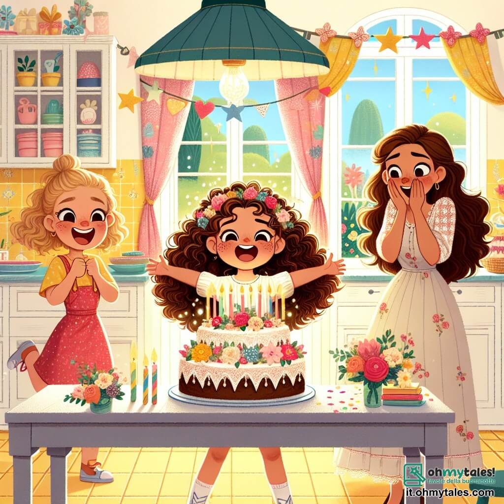 Al centro dell'immagine, Chiara, una ragazza di dieci anni con i capelli ricci e un grande sorriso, si trova davanti a un tavolo decorato, con le braccia aperte, piena di entusiasmo. Alla sua destra, Sara, la sua migliore amica, anch'essa di dieci anni, con i capelli lisci e un vestito colorato, guarda il tavolo con occhi sbarrati, tenendo un mazzo di fiori tra le mani. A sinistra, la mamma di Chiara, una donna dolce di circa trentacinque anni, con i capelli lunghi e castani, indossa un vestito leggero e sorride emozionata scoprendo la sorpresa. Il tutto si svolge in una cucina accogliente, illuminata, con pareti dipinte di giallo pastello e finestre decorate con tende colorate. Sul tavolo, una magnifica torta magica, decorata con fiori scintillanti e candele a forma di stelle, è al centro, circondata da palloncini colorati e festoni di carta. La scena principale mostra Chiara e Sara che celebrano la festa della mamma, in un'atmosfera gioiosa e festosa, mentre la mamma di Chiara scopre la sorpresa preparata con amore dalla figlia e dalla sua amica.