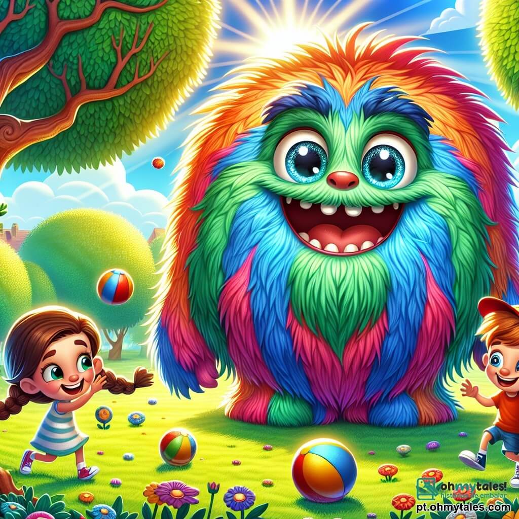 Um grande monstro chamado Monstrico, com pelagem colorida e fofinha, olhos redondos e brilhantes como estrelas, está no centro da imagem, sorrindo com alegria e um ar amigável. Ele está jogando bola com crianças. À sua direita, uma menina com cabelos castanhos trançados, de cerca de 8 anos, ri alto, segurando uma bola nas mãos. À sua esquerda, um menino de 7 anos usando um chapéu vermelho, com olhos brilhando de curiosidade, está prestes a lançar outra bola em direção a Monstrico. O cenário é um parque verdejante, cheio de flores coloridas e árvores majestosas, sob um céu azul radiante. Raios de sol filtram-se pelas folhas, criando uma atmosfera alegre e acolhedora. A cena principal mostra Monstrico jogando bola com as crianças, ilustrando a magia da amizade e a alegria de compartilhar momentos juntos.