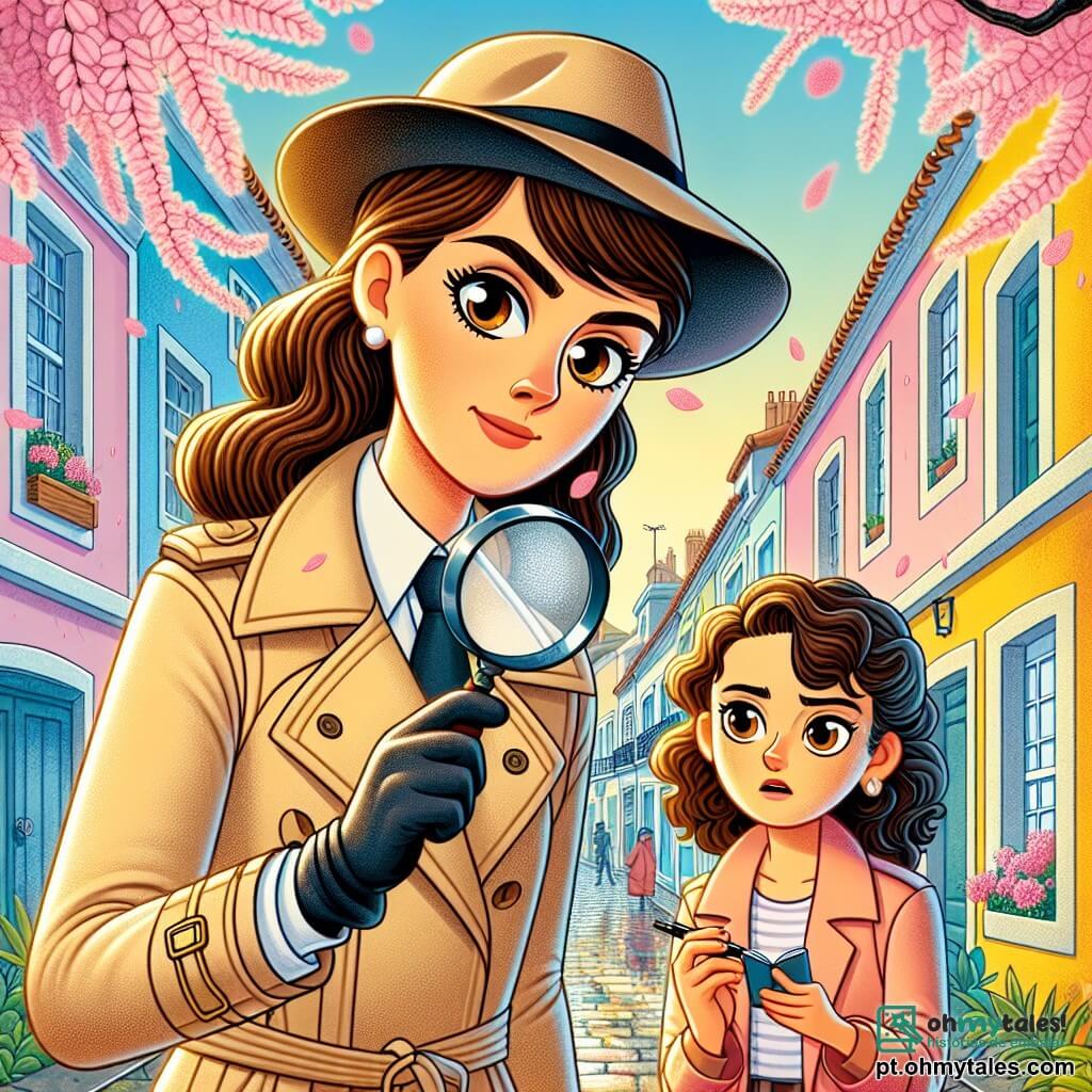 Clara Mendes, uma detetive de cerca de trinta anos, está no centro da imagem, com um olhar determinado e curioso. Ela usa um trench coat bege, um chapéu preto e segura uma lupa na mão direita, examinando atentamente uma pegada no chão. Seus cabelos castanhos estão presos em um rabo de cavalo, e seus olhos brilham de excitação. Ao lado dela, Mariana, uma mulher de aproximadamente 25 anos, com cabelos cacheados e um sorriso caloroso, observa Clara com uma expressão de preocupação. Ela usa um suéter colorido e segura um pequeno caderno, pronta para anotar. Ao fundo, o bairro das Cerejeiras é representado com suas casas de fachadas pastel, cerejeiras em flor com pétalas rosas flutuando no ar, e ruas pavimentadas brilhantes após a chuva. Cortinas de janelas estão puxadas, deixando entrever silhuetas curiosas. A cena mostra Clara e Mariana em plena investigação, examinando os indícios deixados por um misterioso ladrão neste bairro tranquilo. As cores vibrantes e os detalhes lúdicos tornam a atmosfera intrigante e cativante, adequada para crianças.