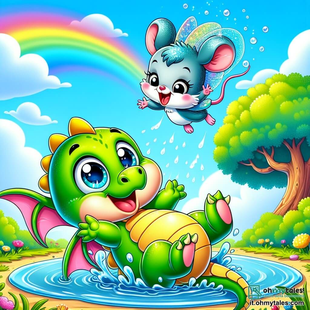 Un piccolo draghetto di nome Puffo, con squame verdi brillanti e occhi pieni di curiosità, si trova al centro dell'immagine, sdraiato in una grande pozzanghera, spruzzando acqua intorno a sé mentre ride. Alla sua destra, un piccolo topo magico, con un mantello scintillante e orecchie rotonde, fluttua nell'aria, con le braccia alzate e un grande sorriso divertito sul viso, mentre volteggia spinto dal vento. Lo sfondo è un paesaggio da favola: un cielo blu punteggiato di nuvole soffici, un grande albero con foglie colorate sullo sfondo e un arcobaleno brillante che si estende sopra di loro. La scena principale mostra Puffo, il draghetto, che è appena caduto nella pozzanghera, ridendo della sua disavventura, mentre il piccolo topo, divertito, lo osserva fluttuando nell'aria, creando un'atmosfera gioiosa e ludica.
