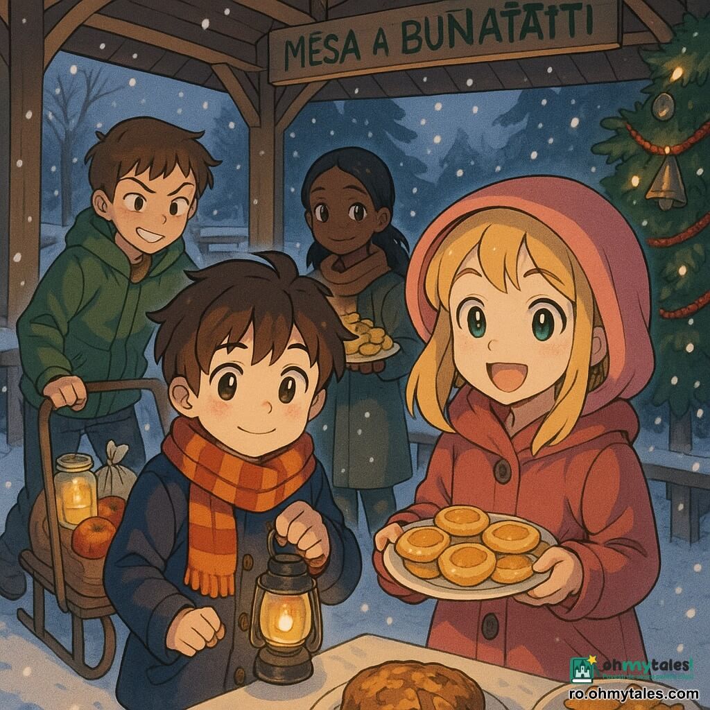 Un băiat de 12 ani, vesel și blând, față rotundă cu obraji roșii, păr șaten zburlit, poartă manteau bleumarin și eșarfă roșie, ține o lampă mică de sticlă aprinsă și zâmbește timid; o fată de ~12 ani, Mara, entuziastă, păr blond sub glugă roz, ține un platou cu turte dulci și zâmbește larg, stând ușor în fața băiatului; un băiat de ~12 ani, Radu, cu expresie ștrengărească, păr castaniu scurt și geacă verde, împinge o sanie veche cu borcane și pungi cu mere, la stânga grupului; o fată de ~12 ani, Amina, timidă dar caldă, cu păr negru prins, ține un platou cu biscuiți aurii, puțin în spate lângă foișor; loc: foișor acoperit în parc, bănci de lemn înghețate, fulgi de zăpadă care sclipesc în luminile galbene din borcane, brad decorat cu ghirlande roșii și clopoței; situație: cei patru pregătesc o „masă a bunătății” de Crăciun cu borcane cu lumânări pe bănci, platouri cu turte și mere și bilețele colorate agățate de grinzi; atmosferă caldă, liniștitoare, contrast puternic între luminile calde și zăpada rece; stil vizual: manga pentru copii, linii moi, culori calde pentru lumină și tonuri reci pentru zăpadă, expresii ușor exagerate pentru emoții clare.