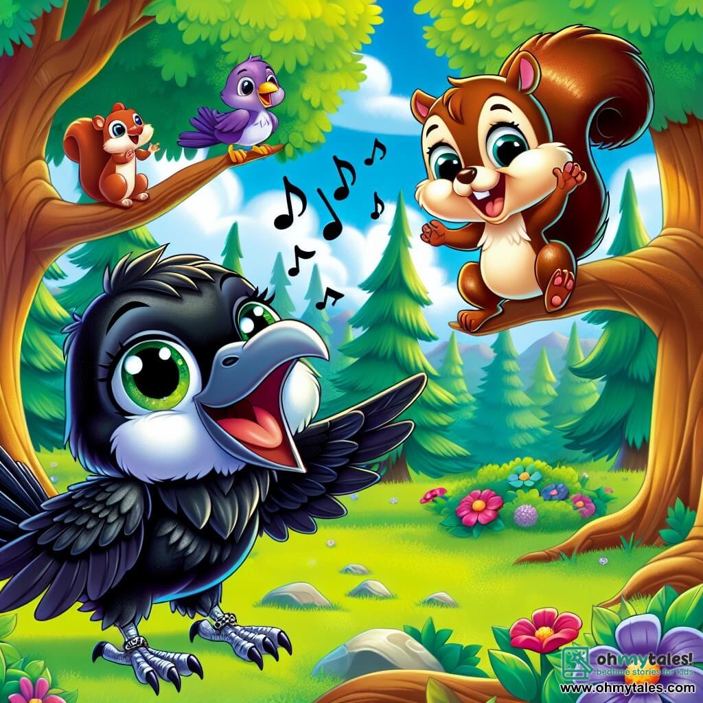 A raven named Cora, with shiny black feathers and sparkling eyes, stands on a tree branch, joyfully singing with a radiant smile on her face. Nearby, a small squirrel named Sammy, with brown fur and bright eyes, jumps with excitement, paws raised, encouraged by Cora's beautiful voice. In the background, a lush forest stretches out, with majestic trees, colorful flowers dancing to the music, and a bright blue sky dotted with fluffy white clouds. The scene depicts Cora singing for the forest talent show, surrounded by her animal friends who listen in wonder, creating an atmosphere of joy and camaraderie.