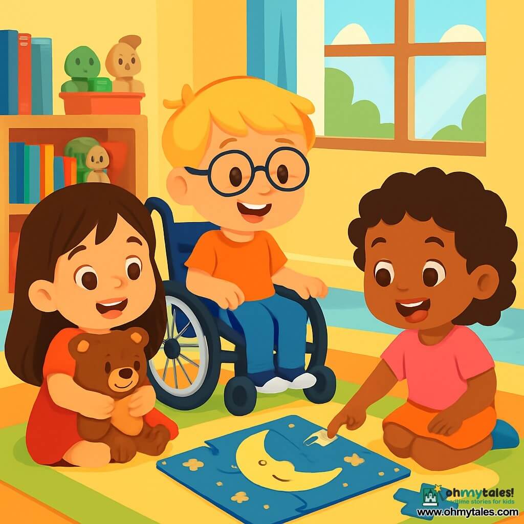 A 4-year-old girl with long brown hair and sparkling eyes is sitting on a soft, colorful rug, a big smile on her face. She holds a fluffy teddy bear in her arms, her gaze filled with joy and curiosity. Next to her, a 4-year-old boy with blonde hair and glasses is in a wheelchair with shiny wheels. He is also smiling, his eyes bright with excitement as he touches a puzzle featuring a moon. A 4-year-old girl with curly hair and a pink t-shirt sits across from them, pointing at a puzzle piece, her face radiating enthusiasm. The setting is a bright classroom with soft yellow walls, sunlight streaming through the windows, and shelves filled with colorful books and toys. In the background, a cozy corner is decorated with soft cushions and rugs, creating a welcoming atmosphere. The main scene shows the three children playing together, gathered around a puzzle, laughing and exchanging sweet words, creating a moment of connection and shared happiness.