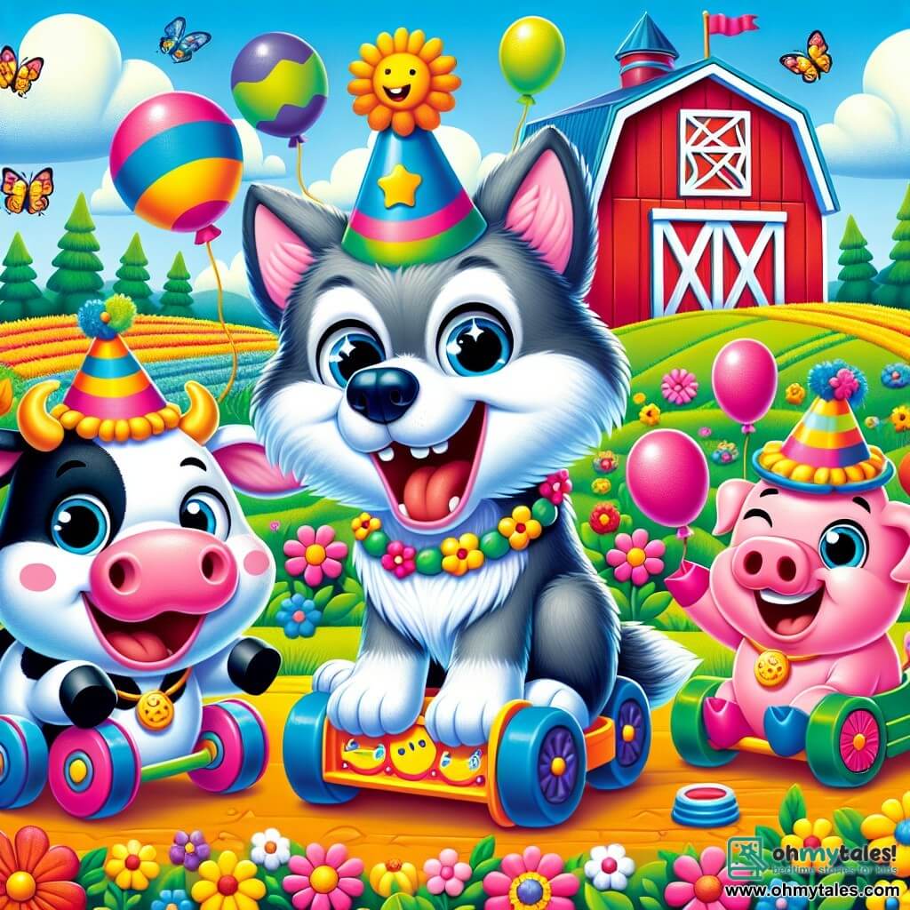 A joyful wolf with gray fur and sparkling eyes, wearing a small party hat, stands in the center of the scene, laughing and jumping with joy. To his right, a laughing cow with colorful wheels on its legs, wearing a flower necklace, is doing pirouettes. To his left, a pink pig with a balloon-shaped hat, bursting with laughter, is standing on its hind legs. In the background, a large red barn stands under a clear blue sky, surrounded by green fields and colorful flowers. The scene depicts the animals ready for a fun race, with bright smiles and a festive atmosphere.