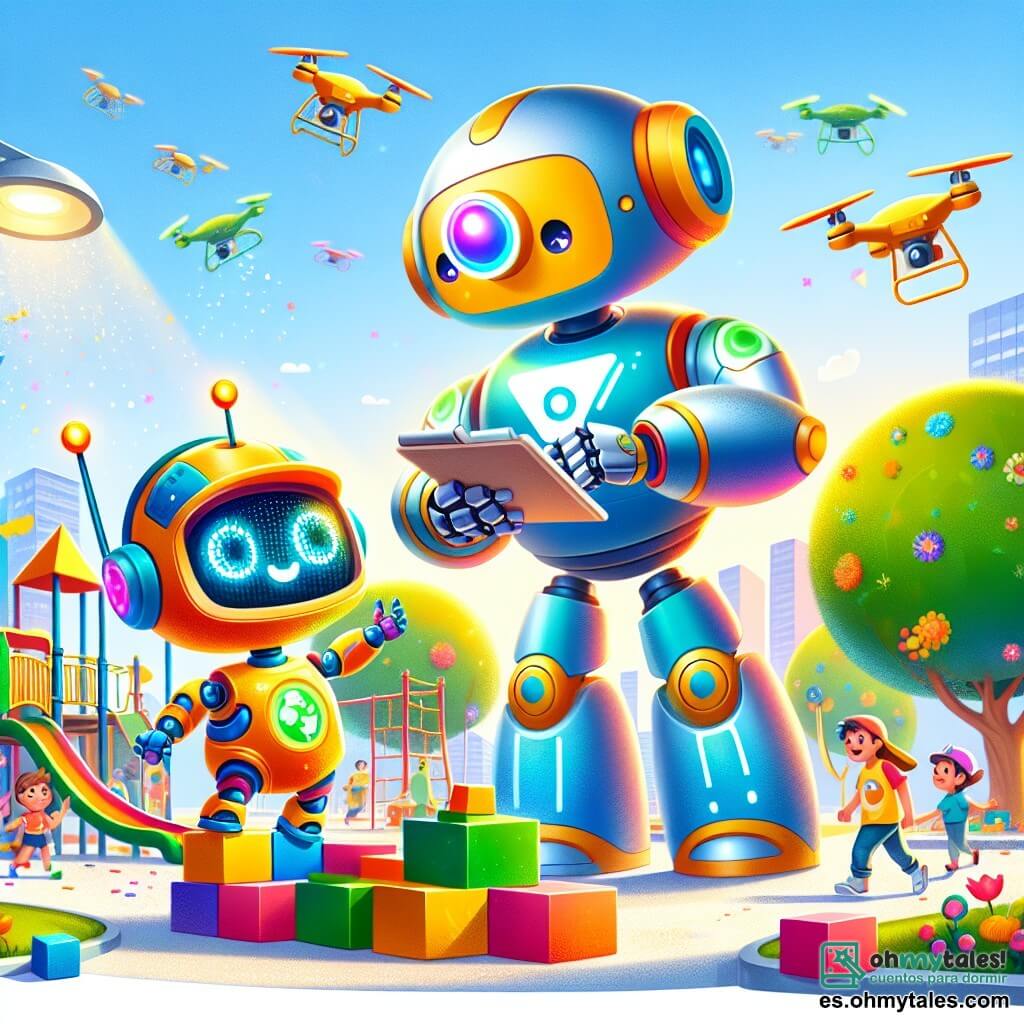 Un pequeño robot colorido, con ojos brillantes en forma de faros y un cuerpo metálico de tonos vivos, expresa gran curiosidad y entusiasmo. Transporta bloques de plástico reciclado, sonriendo mientras ayuda a construir un espacio de juegos en el parque. A su lado, un robot más grande, con una silueta esbelta y brazos articulados, observa con orgullo, sus ojos brillando de admiración. Es un ingeniero, vestido de azul y blanco, que toma notas en un pequeño cuaderno, planeando los próximos pasos de la construcción. El lugar es un parque central de Neotrópolis, lleno de flores coloridas y grandes árboles con hojas brillantes, bajo un cielo soleado donde flotan drones coloridos. Niños ríen y juegan alrededor, añadiendo a la atmósfera alegre y dinámica. La situación principal muestra al pequeño robot y al ingeniero colaborando con otros robots para crear un espacio de juegos innovador, simbolizando la unidad y el entusiasmo por un futuro sostenible.