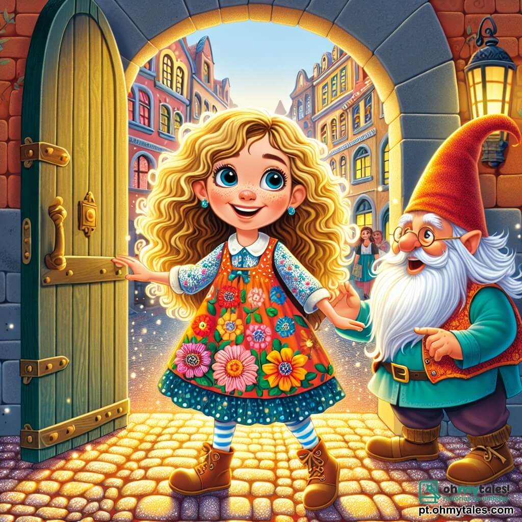 Uma menina de 8 anos, Lúcia, com cabelos cacheados e dourados, usa um vestido colorido decorado com padrões de flores. Ela tem um grande sorriso maravilhado no rosto, com os olhos brilhando de curiosidade, enquanto está diante de um velho edifício misterioso com uma porta de madeira entreaberta. Ao seu lado, um gnomo chamado Grunf, com cerca de 50 anos, uma longa barba branca e um chapéu pontudo, sorri alegremente enquanto aponta para a porta, como se a estivesse convidando a entrar. O local é uma rua movimentada da cidade, cheia de edifícios antigos com janelas em arco e calçadas brilhantes sob o sol, criando uma atmosfera mágica e acolhedora. A cena principal mostra Lúcia pronta para entrar no edifício misterioso, animada pela promessa de aventuras fantásticas que a aguardam do outro lado da porta.