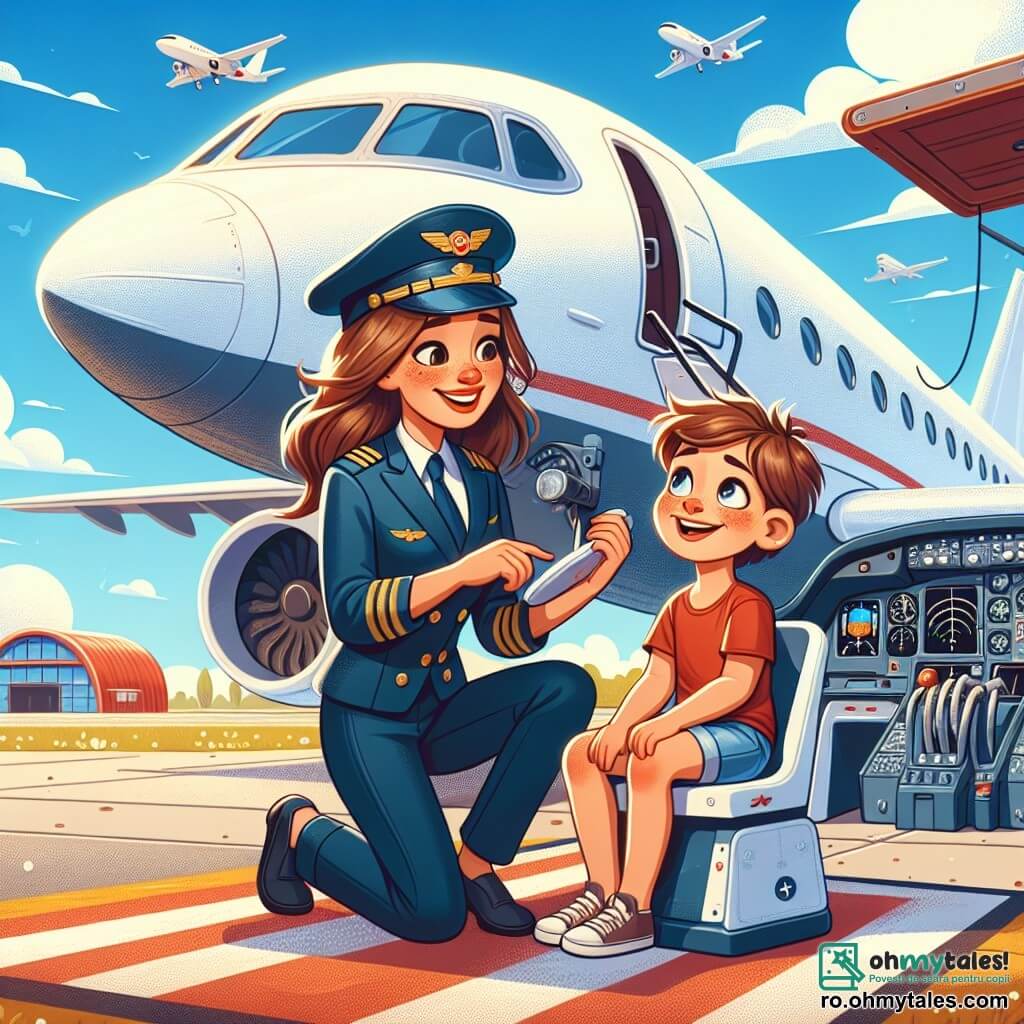 Ana, o femeie pilot zâmbitoare, stă lângă avionul ei mare alb, cu margini ascuțite și aripi mărețe. Ea poartă o combinație de pilot bleu marin și o cască, iar părul ei brun flutură ușor în vânt. Fața ei exprimă bucurie și entuziasm, în timp ce îl privește pe prietenul ei tânăr, Andrei, cu ochii strălucitori. Andrei, un băiat de 8 ani cu părul castaniu și ochi strălucitori, stă în cockpitul avionului, uimit de instrumentele de zbor. El poartă un tricou roșu și o pereche de pantaloni scurți, iar zâmbetul său arată cât de încântat este să fie acolo. Scena are loc pe un aeroport însorit, cu un cer albastru deschis și câteva nori pufoși albi. În fundal, se pot vedea alte avioane parcate și hangare colorate, creând o atmosferă dinamică și vie. Ana îi explică lui Andrei cum funcționează avionul, iar el o ascultă atent, cu ochii mari de uimire. Ei împărtășesc un moment de complicitate și vis, înconjurați de magia lumii aviației.
