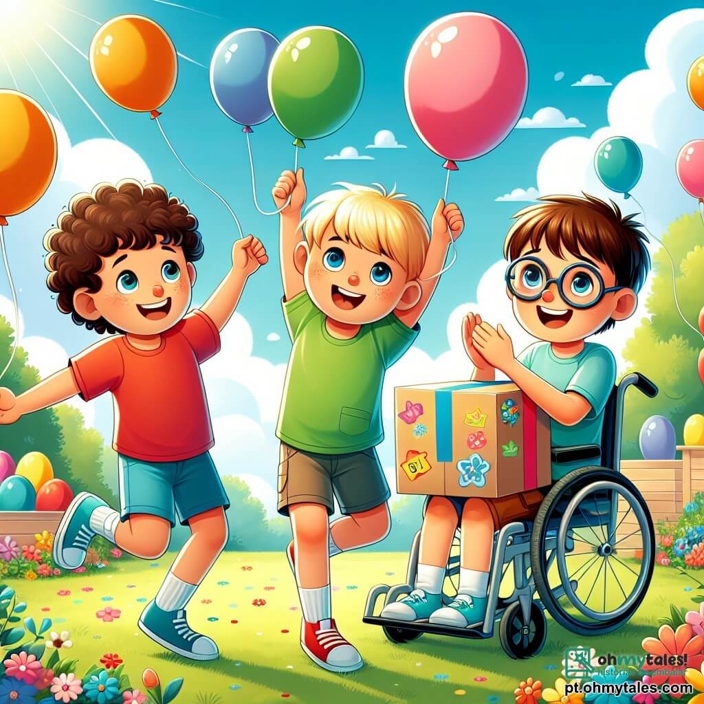 Três meninos, com cerca de 8 anos, estão no centro de um jardim ensolarado. **Pedrinho**, com cabelos castanhos e cacheados, usa uma camiseta vermelha e um short azul, sorrindo enquanto segura uma grande caixa de papelão decorada com desenhos coloridos. **João**, com cabelos loiros e lisos, veste uma camiseta verde e uma calça bege, pulando de alegria ao lado de Pedrinho, com os braços levantados. **Miguel**, com cabelos castanhos e óculos, está sentado em sua cadeira de rodas, vestindo uma camiseta azul clara e um short preto, aplaudindo com um grande sorriso e os olhos brilhando de excitação. O jardim está cheio de flores coloridas, árvores frondosas e grama verde, sob um céu azul radiante. Balões coloridos flutuam ao redor deles, adicionando um toque festivo à cena. Os três amigos tentam fazer a caixa de papelão, cheia de balões de festa, decolar, em uma aventura cheia de risadas e desafios impossíveis. Eles pulam ao redor da caixa, esperando que ela suba aos céus, criando uma atmosfera alegre e cheia de imaginação.