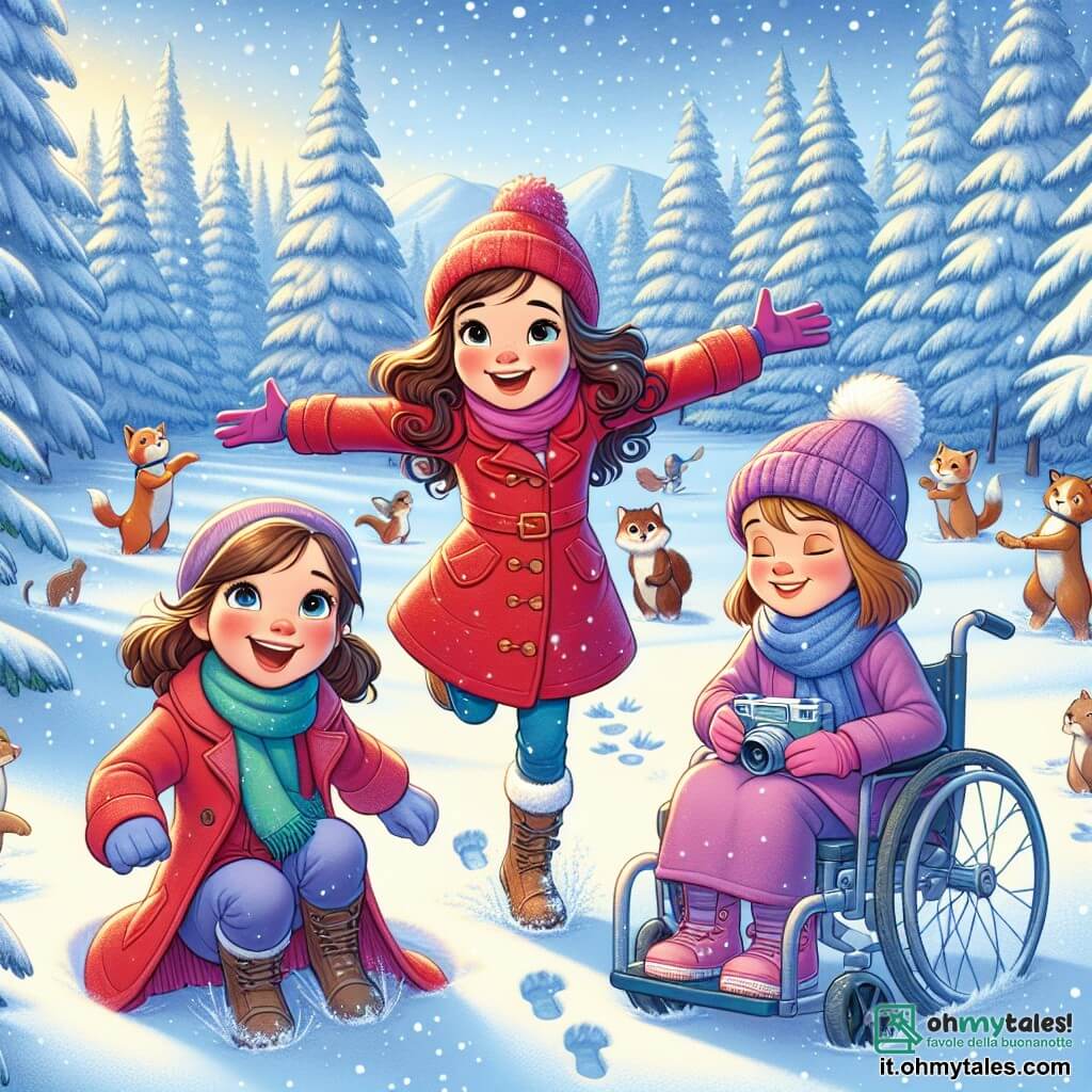 Tre ragazze sono in primo piano: Sofia, una bambina di 10 anni con capelli ricci castani, indossa un cappotto rosso vivo e un berretto abbinato, salta nella neve con le braccia aperte e un grande sorriso; Giulia, una bambina di 10 anni con capelli biondi lisci, indossa una sciarpa blu e guanti rosa, è accovacciata con una macchina fotografica pronta a scattare foto agli animali; Beatrice, una bambina di 10 anni con capelli castani legati in coda di cavallo, è seduta nella sua sedia a rotelle, indossa un cappotto viola e sorride alle sue amiche, circondata da fiocchi di neve che cadono dolcemente. Lo sfondo è un bellissimo bosco in inverno, con alberi maestosi coperti di neve scintillante e un terreno ricoperto da uno spesso strato di neve immacolata. Il cielo è azzurro chiaro con nuvole bianche e soffici. Le tre amiche esplorano, meravigliate dalla bellezza dell'inverno, mentre un gruppo di coniglietti bianchi gioca nelle vicinanze, aggiungendo un tocco di magia alla scena.