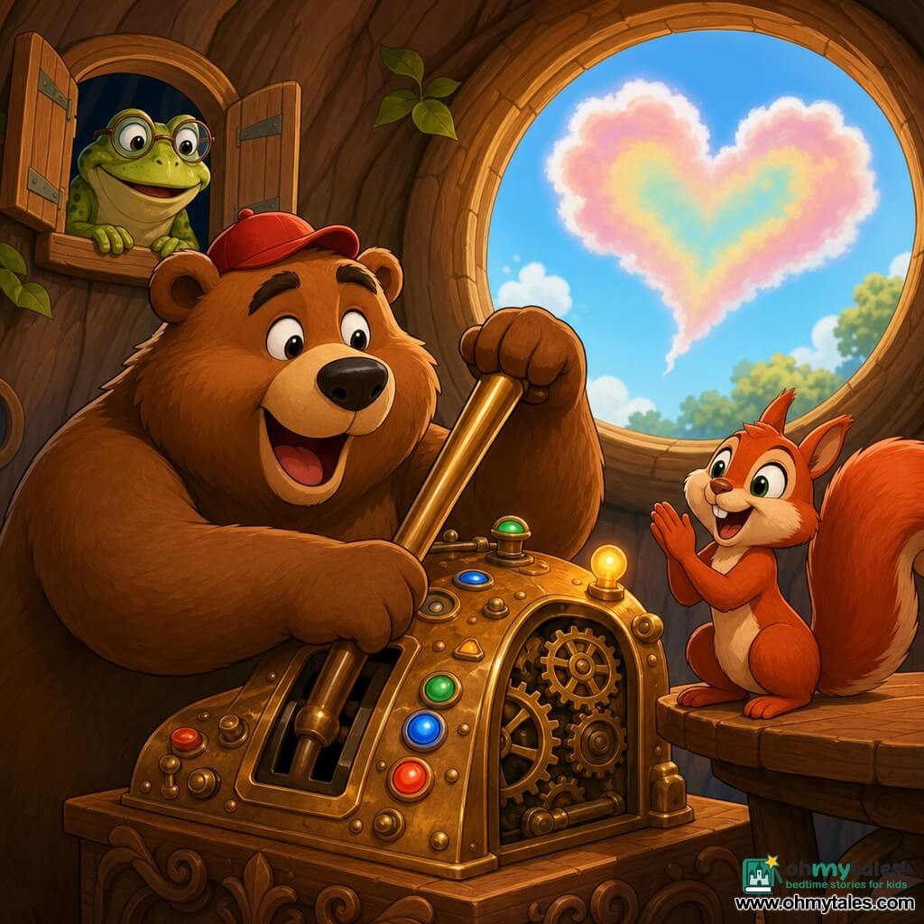 Benny, a large soft brown bear wearing a small red cap, grinning with wonder, pulls a long shiny wooden lever on a retro brass-and-wood machine; Squeaky, a red squirrel with bright round eyes, perches on a table to Benny’s right, smiling and clapping; Fergus, an old green frog with textured skin and round glasses, watches from a small open window behind the machine; the machine has colorful buttons, exposed gears and little lights on a carved wooden base; behind them a round window in the Great Oak trunk shows a pastel heart-shaped cloud with a faint rainbow; bright, warm, comic mood, saturated colors, soft textures, bold black outlines, mid-shot, childlike whimsical style.