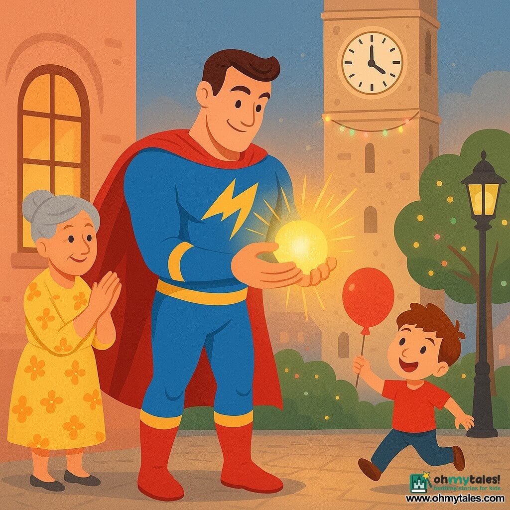 A tall, strong man, Captain Zippy, smiling and focused in a bright blue costume with yellow zigzag stripes, a red cape and shiny boots gently holds a small golden glowing sphere to revive it; nearby Mrs. Lemon, about 60 with grey hair in a bun and a yellow floral dress, applauds by a window, and a 6-year-old boy with brown hair and a red T-shirt jumps with a red balloon in wonder near the base of a tall light-stone clock tower whose round dial and black hands watch as colored lights fade; the revived energy orb sends soft sparkling rays to the street lamps, illuminating facades and making the townspeople smile—centered composition, warm colors, clear silhouettes and simple shapes for toddlers.