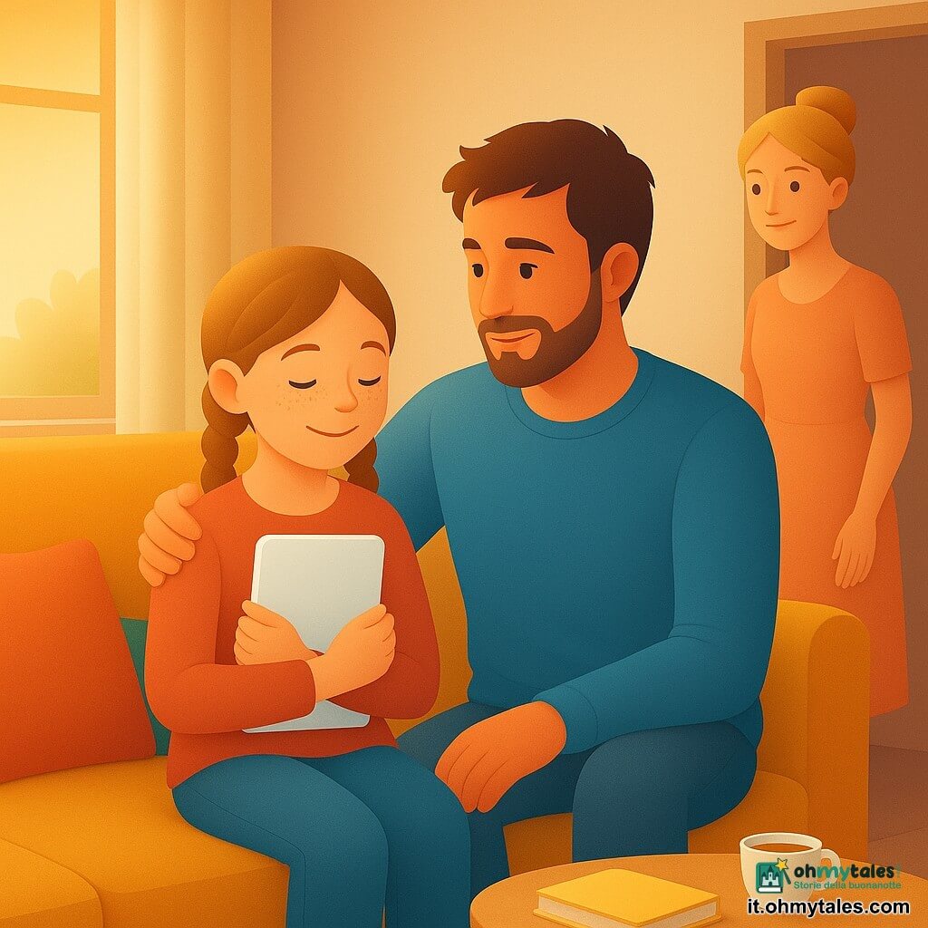 Bambina di 8 anni, viso rotondo e lentiggini, capelli castano chiaro in due trecce, sorriso sereno e occhi brillanti, seduta su un divano in tessuto color senape con un piccolo caricatore bianco per tablet stretto al petto; padre circa 35 anni, barba corta, capelli bruni spettinati, abbigliamento casual (maglione blu e jeans), luminoso e premuroso, seduto accanto a lei con una mano protettiva sulla spalla; madre circa 34 anni, capelli biondi raccolti in uno chignon, vestito pesca, apre una porta dietro il divano e sorride leggermente ritirata come appena rientrata per salutare; interno: soggiorno caldo e moderno, pareti crema, cuscini colorati, tavolino in legno chiaro con tazza di tè e libro, luce dorata della sera che entra da una grande finestra, illustrazione nitida e texture morbide; situazione principale: momento tenero in cui la bambina si sente sicura nonostante le due case, abbraccio calmo con il padre mentre la madre entra, atmosfera rassicurante e luminosa.