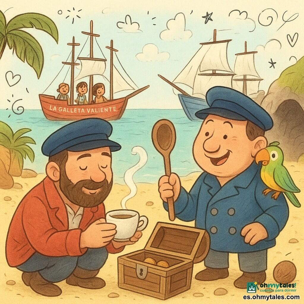 Un hombre — el capitán Bruno — sonriente y sereno, barba suave, chaqueta roja algo gastada y sombrero marinero ladeado, está agachado junto a una pequeña caja abierta sosteniendo una taza de té humeante; el otro, el capitán Roco, su antiguo rival y ahora amigo de unos cincuenta años, rostro redondo y nariz respingona, chaqueta azul, ríe suavemente y sostiene una gran cuchara de madera, con un pequeño loro verde y amarillo posado en su hombro que mira las tazas aleteando; al fondo, dos barcos de madera amarrados, uno rojo llamado La Galleta Valiente y otro azul con grandes velas blancas, y marineros jóvenes (unos 12 años) sonrientes en las cubiertas; lugar: una pequeña playa dorada en forma de tortuga con palmeras de troncos curvados, una cueva bordeada de piedras lisas y brillantes, algunas cocos en la arena, mar turquesa y cielo en tonos pastel; momento cálido y tranquilo centrado en las tazas y las manos acercándose, con colores cálidos y expresiones amables.