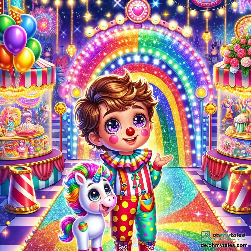 Ein 10-jähriger Junge namens Finn mit zerzausten braunen Haaren und neugierigen, funkelnden Augen steht im Mittelpunkt der Szene. Er trägt ein buntes Clownskostüm mit bunten Punkten und einer großen roten Nase und zeigt ein erstauntes Lächeln. Neben ihm steht ein kleines, glitzerndes und fröhliches Einhorn mit einer Regenbogenmähne, das eine süße kleine Zirkusmütze trägt und ihn anscheinend zu einem Abenteuer einlädt. Die Kulisse ist ein leuchtender Karneval, gefüllt mit funkelnden Lichtern, bunten Ballons, die in der Luft schweben, und strahlenden Blumenketten. Im Hintergrund tanzen Stände mit Süßigkeiten, sich drehende Fahrgeschäfte und Menschen in festlichen Kostümen fröhlich. Die Hauptsituation zeigt Finn und das Einhorn, die sich darauf vorbereiten, zwischen drei zauberhaften Wegen zu wählen: einem leuchtenden Regenbogentunnel, einem Labyrinth aus bunten Ballons und einer süßen Zuckerstangenbrücke, die in den Himmel führt. Finns Ausdruck ist sowohl aufgeregt als auch neugierig, während er die magischen Wege betrachtet, die ihm offenstehen.