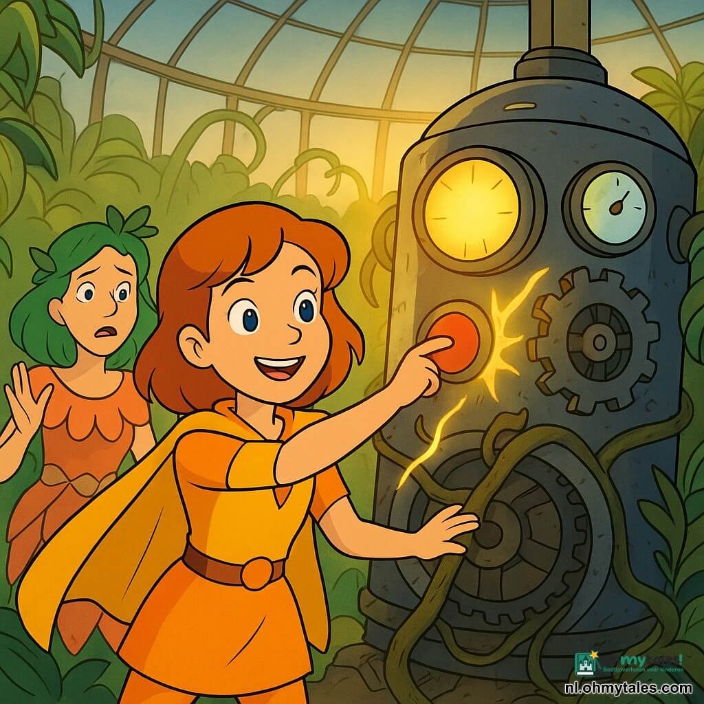 Zonne, een jonge vrouw (±20), moedig en glimlachend, met een rond gezicht en heldere ogen, in een geel-oranje kostuum met lichte cape, strekt haar hand naar een grote glanzende machine en drukt op een grote rode knop; Flora, een volwassen vrouw (±30), bezorgd maar opgelucht, met groen haar versierd met bladeren en een jurk van bloemblaadjes, staat links achter de machine met opgeheven handen om te helpen; in een grote koepelserre van gerookt glas groeien reusachtige planten met dikke bladeren, enorme bloemen en hangende lianen rond aarde bevlekte metalen tandwielen; de centrale machine is van gepolijst metaal met verlichte wijzers en draaiende grote tandwielen, omwikkeld met wortels maar met lichtstralen zodra Zonne op de knop drukt; situatie: Zonne stopt de machine, de lianen trekken zich langzaam terug, een gouden licht verlicht de scène, sfeer van opluchting en magie, eenvoudige vrolijke stijl, felle kleuren en duidelijke contouren.