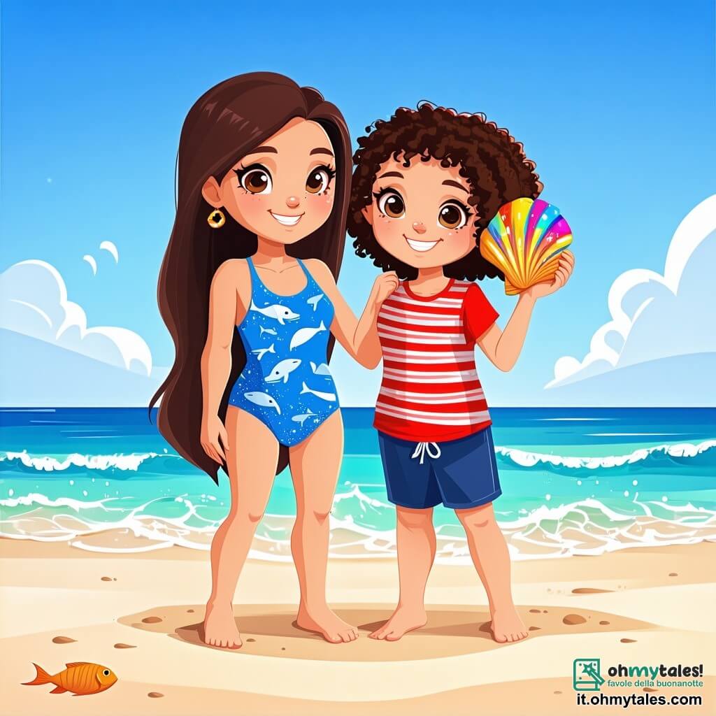 Ci sono 2 personaggi principali: Martina, una ragazza di 10 anni con lunghi capelli castani e occhi scintillanti, indossa un costume da bagno blu con motivi di balene e si trova sulla sabbia con i piedi nell'acqua; Giulia, una ragazza di 10 anni con capelli ricci e una maglietta a righe rosse, sorride ampiamente mentre tiene una conchiglia colorata all'orecchio, accanto a Martina. La scena si svolge su una spiaggia soleggiata con acque turchesi scintillanti e rocce coperte di muschio. Il cielo è blu intenso con alcune nuvole bianche. Conchiglie e stelle marine sono sparse sulla sabbia dorata, mentre un gruppo di gabbiani vola sopra di loro. Martina e Giulia stanno cercando conchiglie, ridendo e divertendosi, circondate dall'entusiasmo e dalla magia di un compleanno indimenticabile.