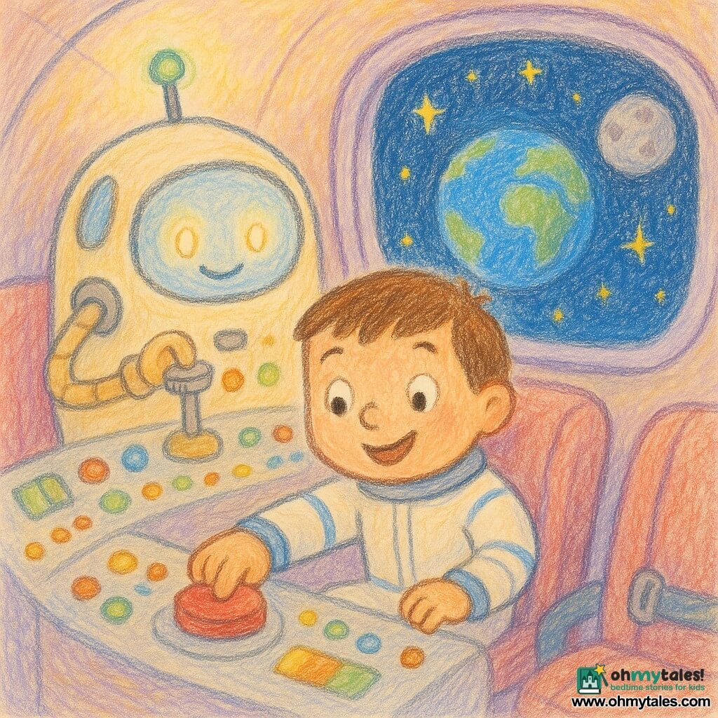 Jules, a smiling, awed young boy with short brown hair and round eyes in a simple white spacesuit with blue stripes, joyfully presses a big red button at the center of the round, clean cabin; Pip, the personified non-human ship, is a small smooth cream cockpit with a large porthole, a small antenna with a green light and a beige robotic arm turning a cap, showing a friendly expression with glowing "eyes" on the dashboard, just behind Jules to the right; the cabin has soft pastel walls, a control panel with colorful buttons and blinking indicators, rounded seats with buckled belts, and a large oval window revealing a distant blue Earth, a nearby gray Moon and twinkling stars; main scene: calm, joyful liftoff with soft light, simple safe gestures and an atmosphere of trust and adventure; style: naive pencil drawing, pastel colors, soft slightly sketchy lines, suitable for toddlers.