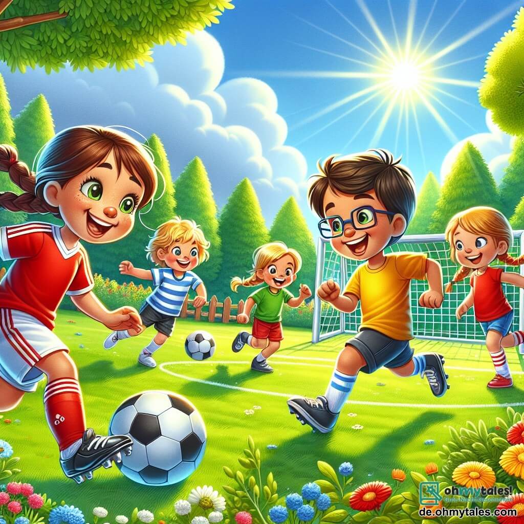 Ein etwa 10-jähriges Mädchen namens Lara, lächelnd und voller Energie, trägt ein rotes Fußballtrikot und glänzende Schuhe. Sie dribbelt einen Fußball auf einem grünen Feld, ihre braunen Haare wehen im Wind und ihr Gesicht strahlt Freude aus. Neben ihr springt Max, ein 9-jähriger Junge mit Brille und zerzausten blonden Haaren, in die Luft, um den Ball zu fangen. Emma, ein 8-jähriges Mädchen mit Zöpfen und einem gelben T-Shirt, lacht, während sie auf Lara zuläuft, bereit, aufs Tor zu schießen. Finn, ein 7-jähriger Junge in blauen Shorts, steht konzentriert in der Nähe des Tores, bereit zu verteidigen. Der Ort ist ein sonniger Fußballplatz, umgeben von grünen Bäumen und bunten Blumen, mit einem klaren blauen Himmel und einigen weißen Wolken. Die Hauptsituation zeigt Lara und ihre Freunde, die zusammen spielen, lachen und Spaß haben, während Lara ihren Freunden zeigt, wie man den Ball dribbelt, was eine fröhliche und freundliche Atmosphäre schafft.