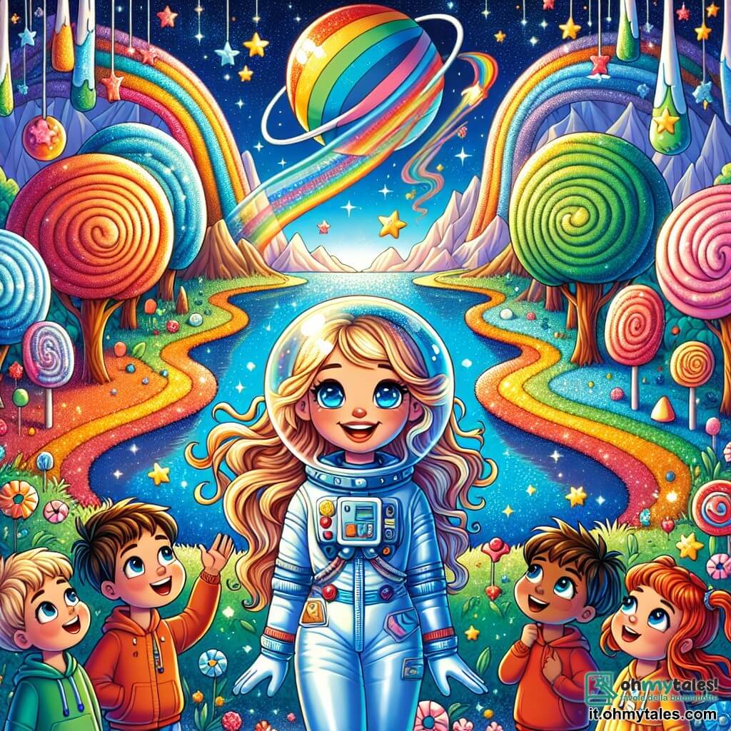 Al centro dell'immagine, una giovane donna astronauta di nome Sara, con lunghi capelli biondi che fluttuano nel vento, indossa una brillante tuta spaziale blu. Il suo viso irradia gioia e meraviglia mentre scopre un mondo colorato. Intorno a lei, un gruppo di quattro bambini dai capelli colorati: un ragazzo con capelli verdi, di circa 8 anni, che sorride con occhi scintillanti di eccitazione; una ragazza con capelli rossi, di 7 anni, che alza le braccia al cielo, piena di gioia; un ragazzo con capelli blu, di 9 anni, che guarda Sara con ammirazione; e una ragazza con capelli gialli, di 6 anni, che si trova accanto a un albero di caramelle, con gli occhi spalancati. Lo sfondo è un paesaggio fantastico del "Pianeta Arcobaleno", con alberi a forma di caramelle multicolori, un lago scintillante dai riflessi arcobaleno e un cielo pieno di stelle brillanti. La scena principale mostra Sara che racconta storie affascinanti sullo spazio ai bambini, che l'ascoltano attentamente, meravigliati dai suoi racconti di avventure interstellari.