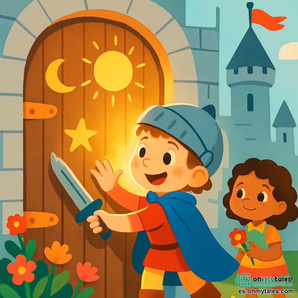 Un pequeño caballero llamado Leo, un niño de unos 7 años, lleva una capa azul brillante y una espada corta. Tiene una gran sonrisa alegre y ojos chispeantes de curiosidad. Leo está frente a una gran puerta de madera adornada con dibujos de sol, luna y estrella, con una luz dorada que ilumina su rostro. A su lado, una niña de 6 años con cabello rizado lleva un vestido colorido y mira a Leo con admiración. Sostiene una flor en su mano y está ligeramente apartada, lista para animarlo. El lugar es un majestuoso castillo, con muros de piedra gris, torres esbeltas y banderas ondeando al viento. Flores coloridas crecen alrededor de la puerta, añadiendo un toque de magia al entorno. La situación principal muestra a Leo tocando la puerta con determinación, mientras la luz de su linterna mágica brilla intensamente. La expresión de Leo está llena de valor y emoción, listo para descubrir lo que se oculta detrás de la puerta.